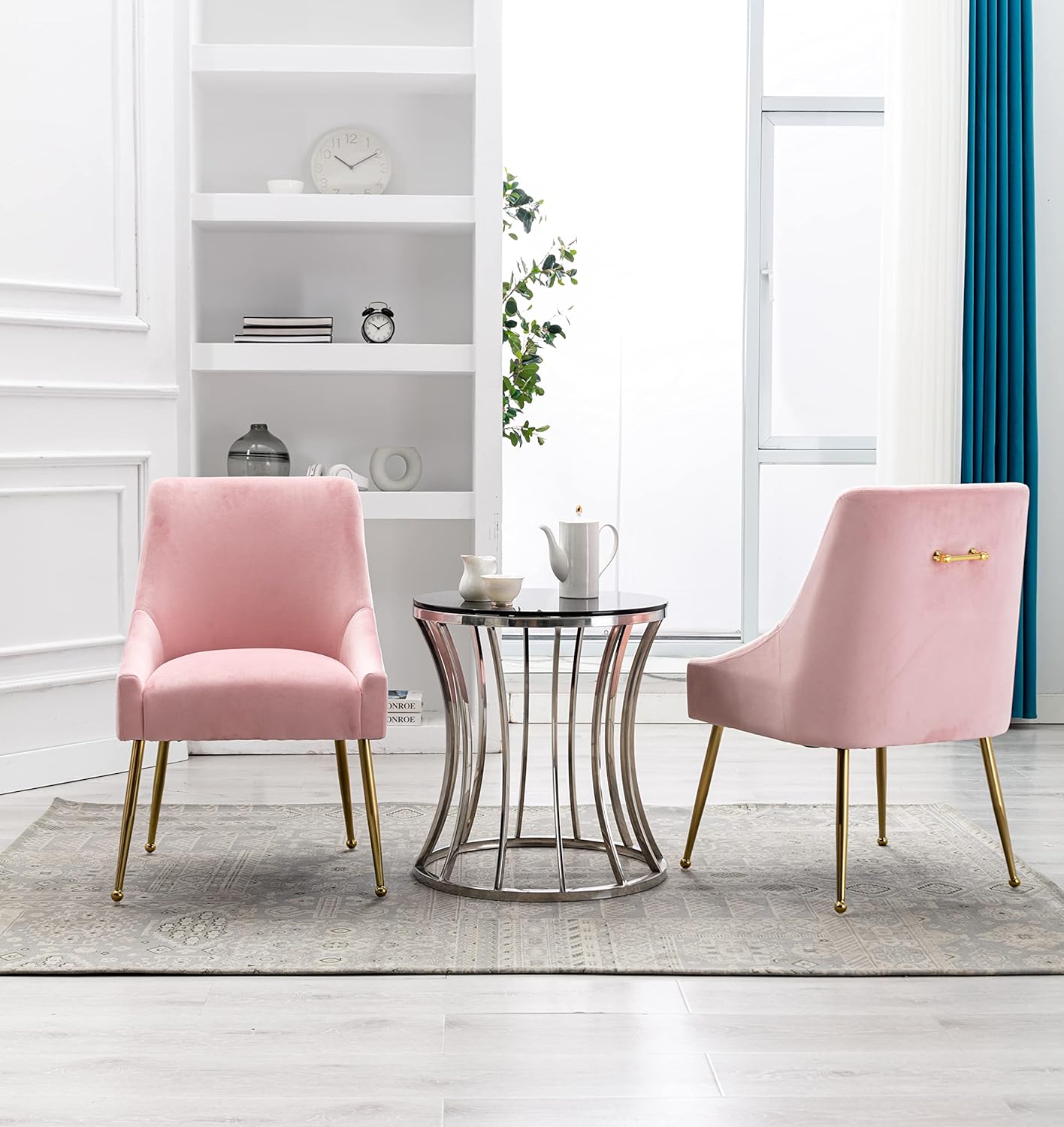 Velvet Dining Chairs, Furniture Collection Modern Contemporary Upholstered with Polished Gold Metal Legs, Set of 4(Pink)