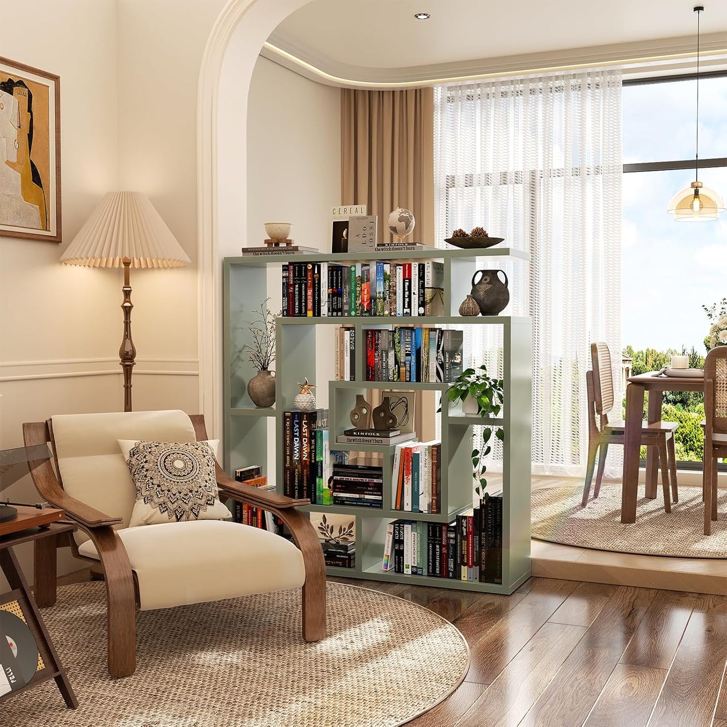 Armocity 6 Tier Display Book Shelf Wall Mounted Bookshelf Freestanding Geometric Bookcase Floating Book Shelves for Wall Bedroom Living Room Home Office, 45.5"(W) * 47"(H), Crab Green