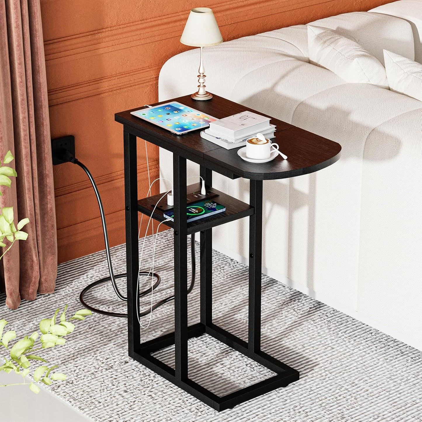 C Table End Table with Charging Station, Couch C Shaped Side Table for Living Room, Bedroom, Laptop Table with USB Ports and Type-C Port, Snack Tray Table for Couch, Black
