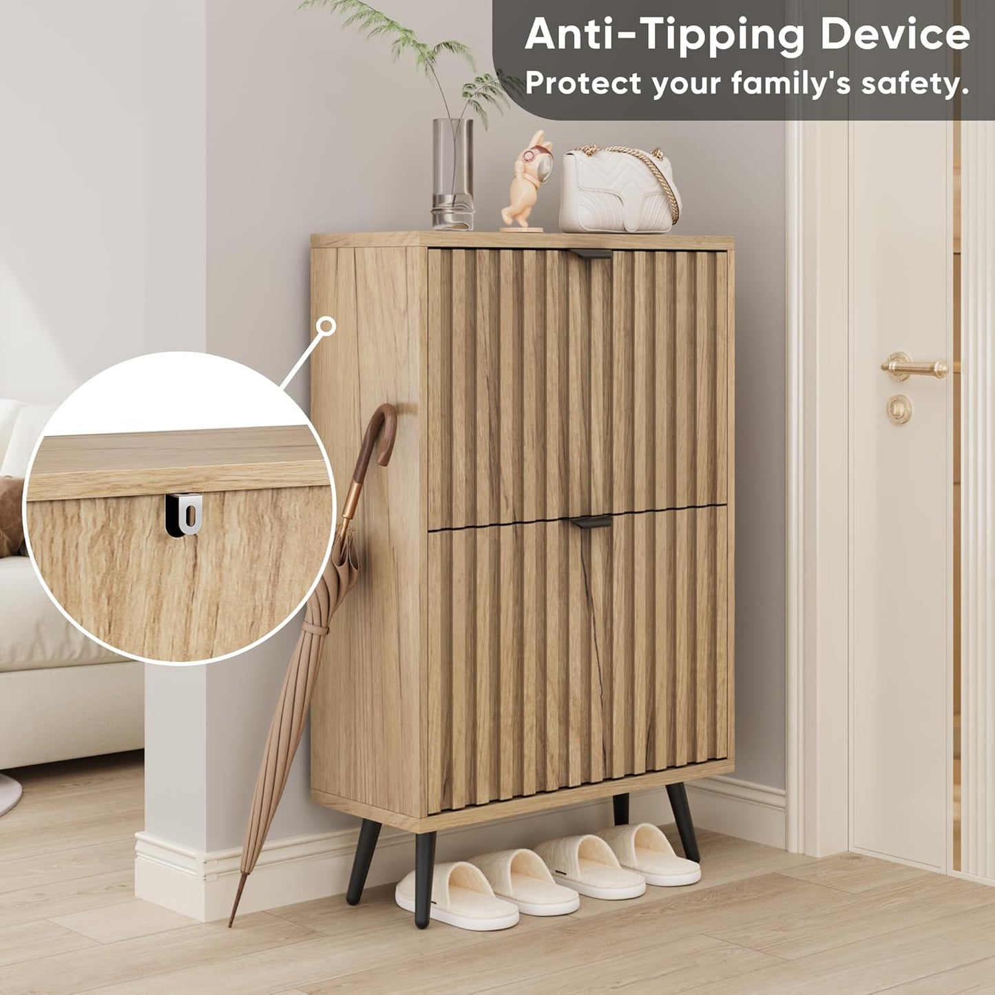 Smuxee Shoe Cabinet with 2 Flip Drawers, 23.6" Natural Hidden Shoe Storage Cabinet with Fluted Design, Freestanding Shoe Organizer Cabinet for Entryway, Hallway, Closet, Living Room