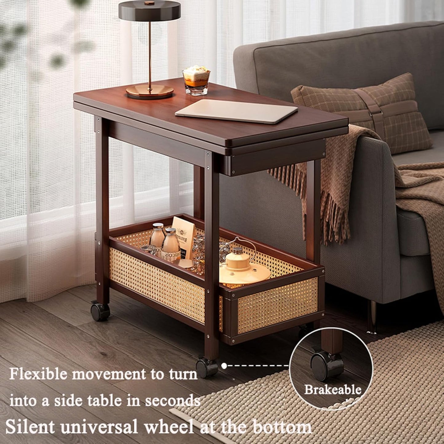 C-Shaped End Table, Sofa Side Table with Rotating Wheels, Rolling End Table with Storage, Small Couch Side Table for Bedroom, Swivel Tray Table for Living Room, Office (Square)