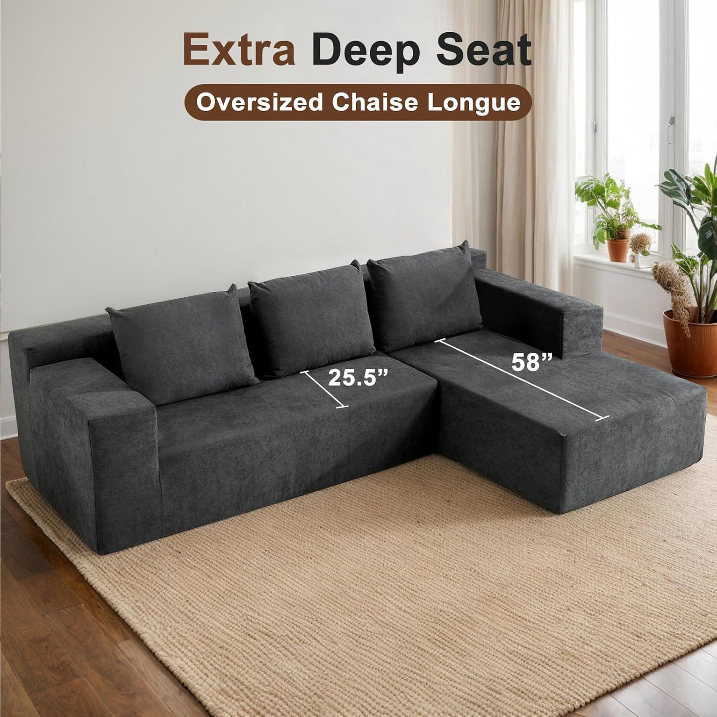 103" Cloud Sectional Sofa, Boneless L-Shape Couch with Chaise, Modern Minimalist Modular Couch for Living Room, Free Combination, Deep Seat, No Assembly Required, Dark Grey, R