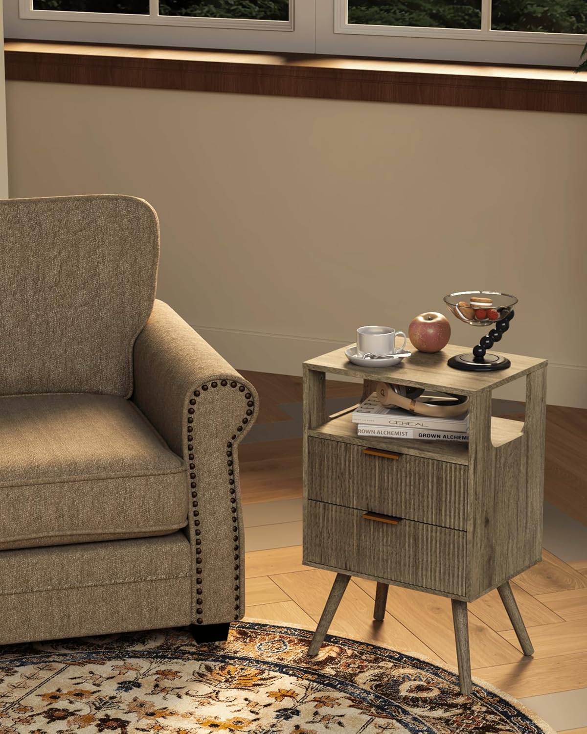 Grey Nightstand,Modern Bedside Table with 2 Storage Drawer and Open Wood Shelf, for Bedroom and Small Spaces,Night Stand with Solid Wood Legs,Grey Oak