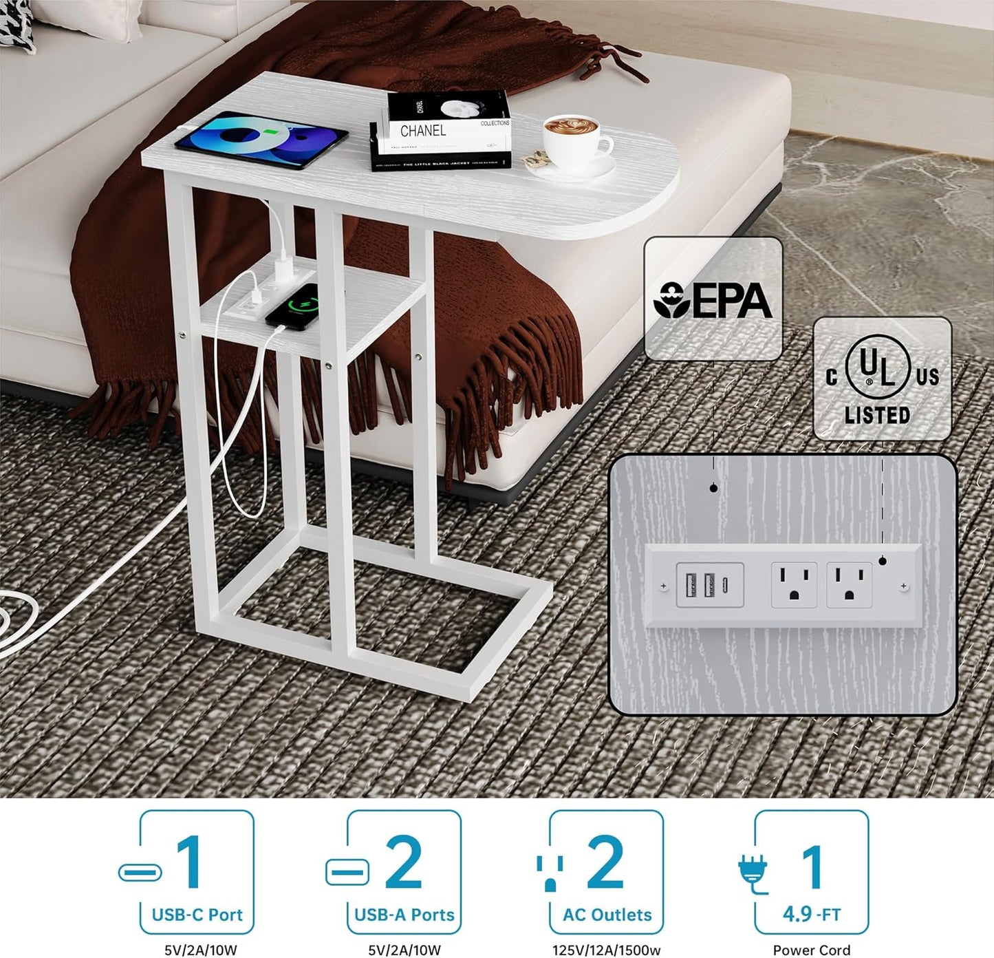 C Table End Table with Charging Station, Couch C Shaped Side Table for Living Room, Bedroom, Laptop Table with USB Ports and Type-C Port, Snack Tray Table for Couch