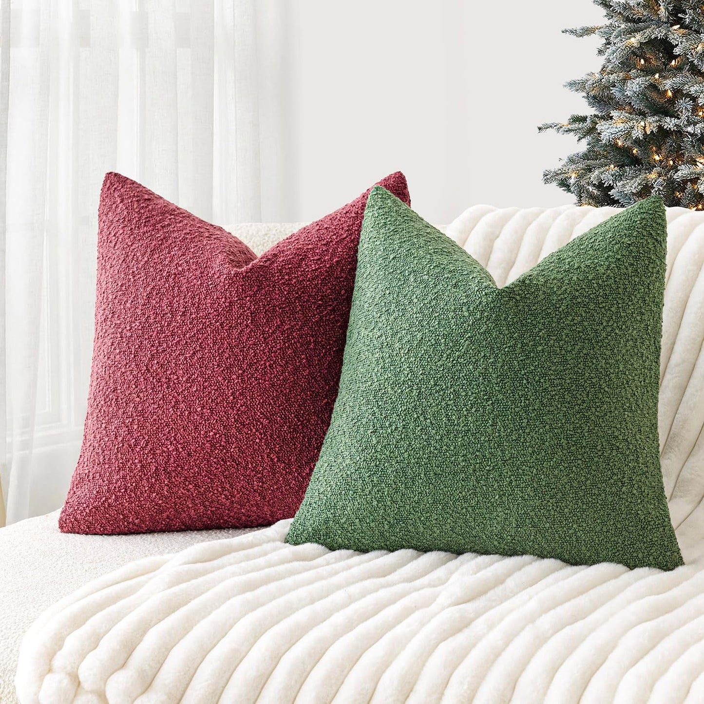 Foindtower Pack of 2, Decorative Textured Boucle Throw Pillow Covers Accent Solid Pillow Cases Cozy Soft Couch Cushion Case for Chair Sofa Bedroom Living Room Home Decor 22 x 22 Inch Hunter Green