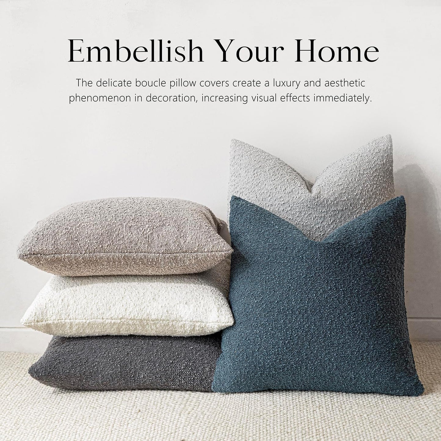 Foindtower Set of 2, Decorative Textured Boucle Throw Pillow Covers Accent Solid Pillow Cases Neutral Soft Cozy Couch Cushion Case for Chair Sofa Bedroom Living Room Home Decor 16 x 16 Inch Blue