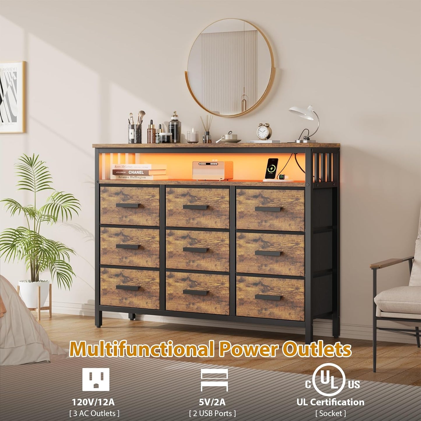 9 Drawer Dresser TV Stand up to for 50” TV with LED Lights & Power Outlets, Entertainment Center with Open Shelf, Media Console, Large Storage Dresser for Bedroom (Rustic Brown)