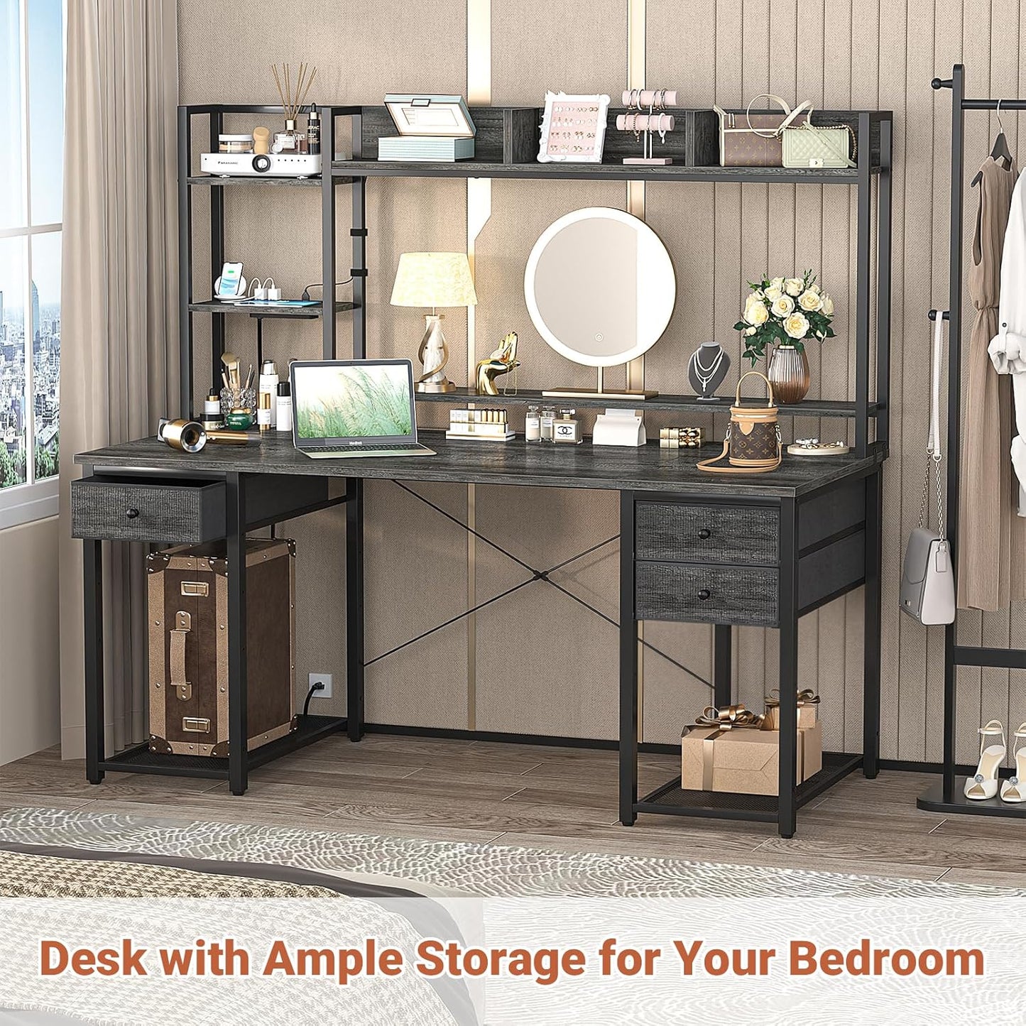 Aheaplus Gaming Desk With LED, Outlets, and Hutch - 55.2'' Computer Workstation With Drawers, Reversible Office Desk With Storage Bookshelf and Shelf - Large Home Desk, Black Oak