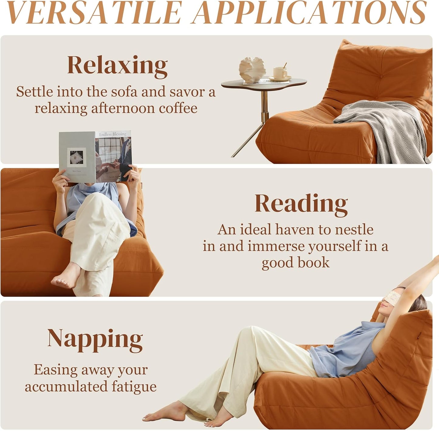 Bean Bag Chair, Fireside Chair Bean Bag Sofa for Adults, Bean Bag Chairs for Teens with High-Resilience Foam, Memory Foam & Non-Slip Base Bean Bag for Living Room, Bedroom, Office (Suede,Burnt Orange)