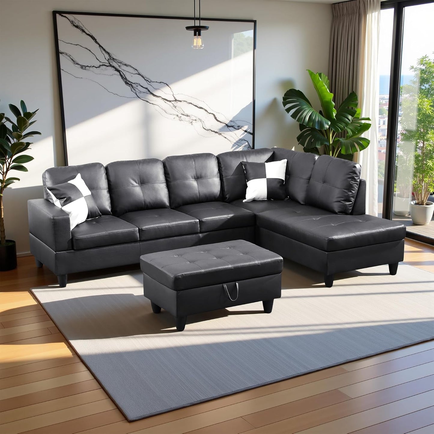 103.5" Oversized Sectional Couch, L Shaped Couch with Storage Ottoman, Modern Modular Sofa with Deep Seat, Sectional Couches for Living Room and Office, Jet Black (Faux Leather)