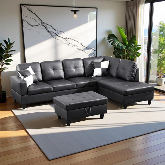 103.5" Oversized Sectional Couch, L Shaped Couch with Storage Ottoman, Modern Modular Sofa with Deep Seat, Sectional Couches for Living Room and Office, Jet Black (Faux Leather)