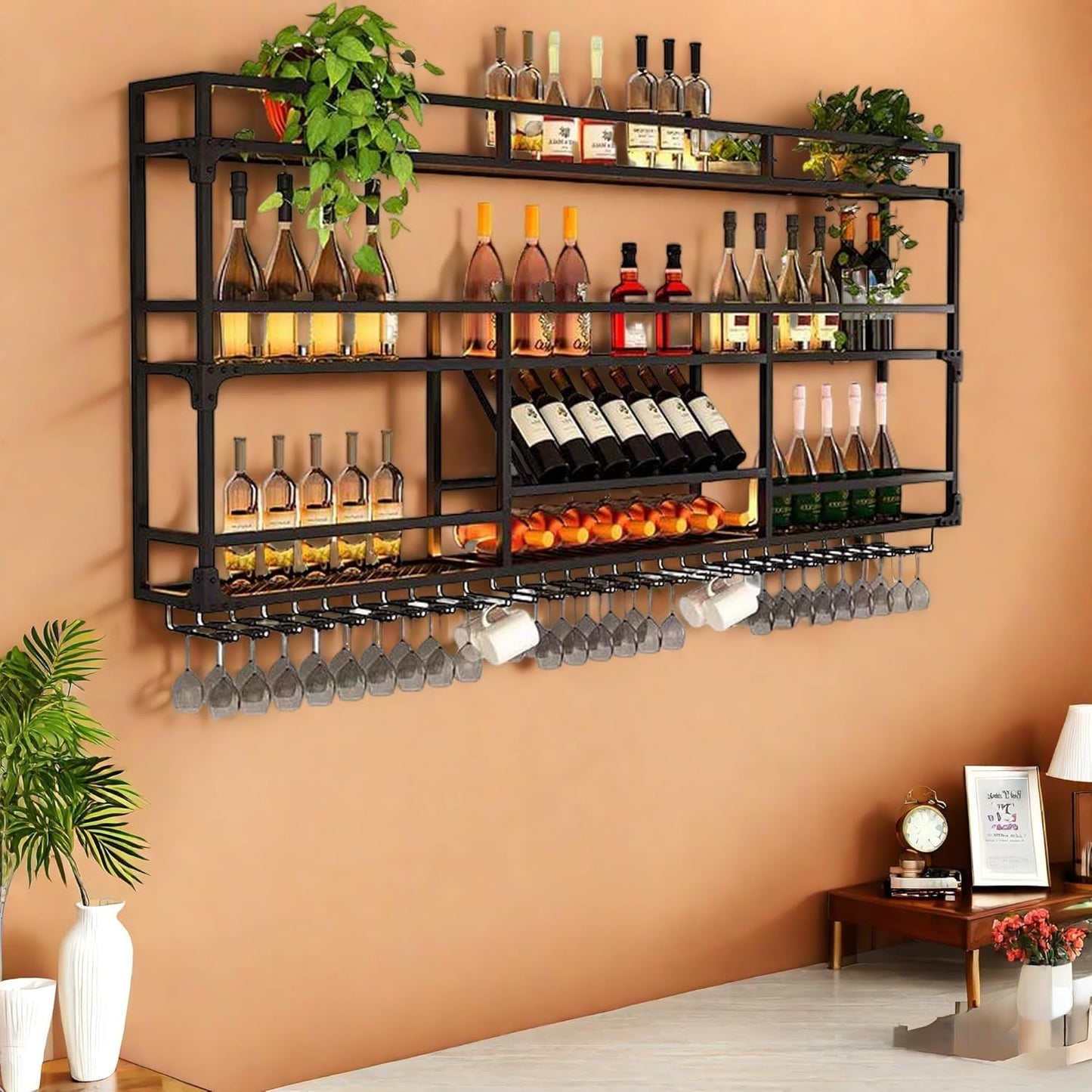 Metal Wall-Mounted Wine Rack with LED Light - 3 Tier Wine Storage Display Rack with Glass Holder - Space-Saving Bottle Display Shelf for Home Bars, Dining Rooms(Black, 71in/180cm)