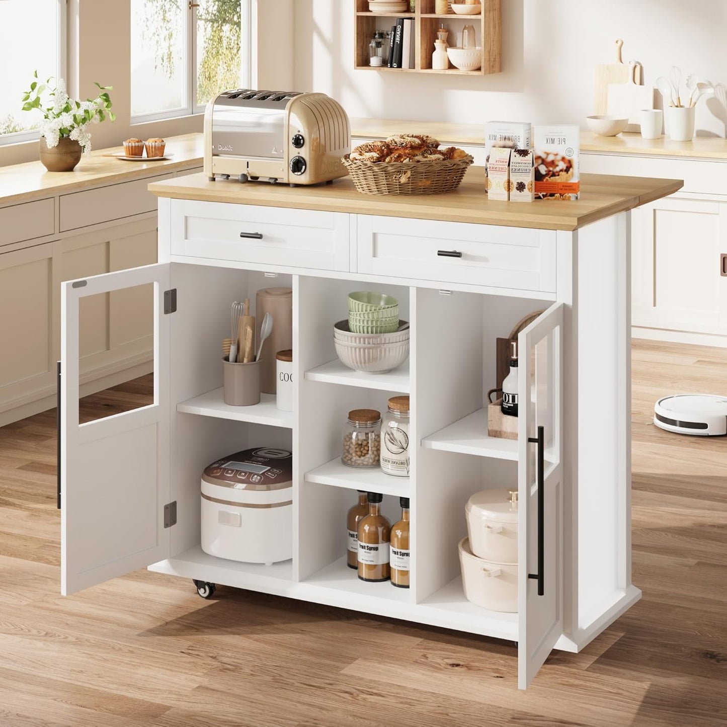 Mobile Modern Storage Island,Rolling Kitchen Island with Drop Leaf - Door Cabinet, Drawer, Bar Cart with Cabinet, Portable Cart Island Table for Kitchen,White