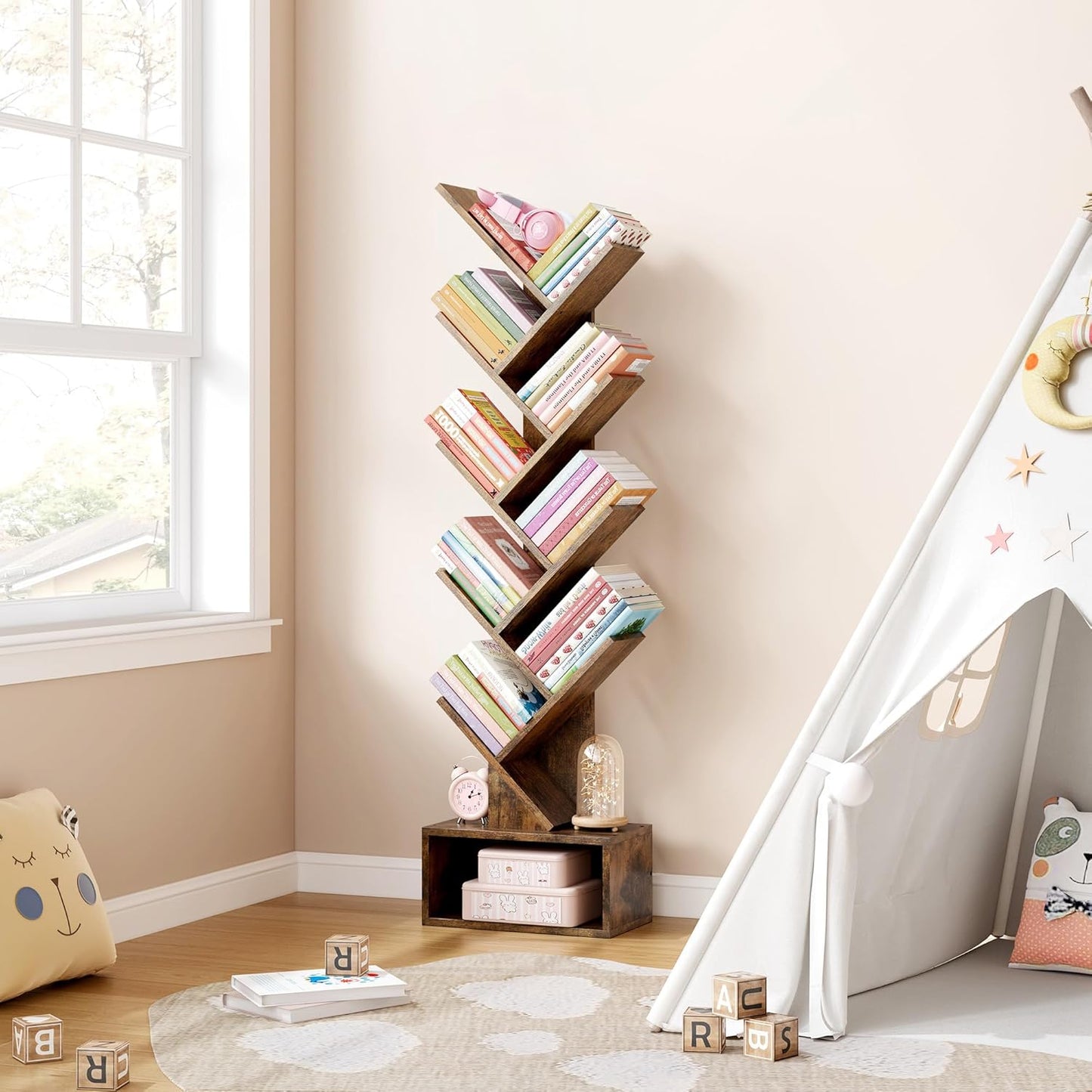 Hoctieon 9 Tier Tree Bookshelf, Tall Bookcase with Drawer, Wood Book Shelf, Modern Floor Standing Bookshelves, Book Organizer Shelves for Bedroom, Living Room, Home Office, Rustic Brown