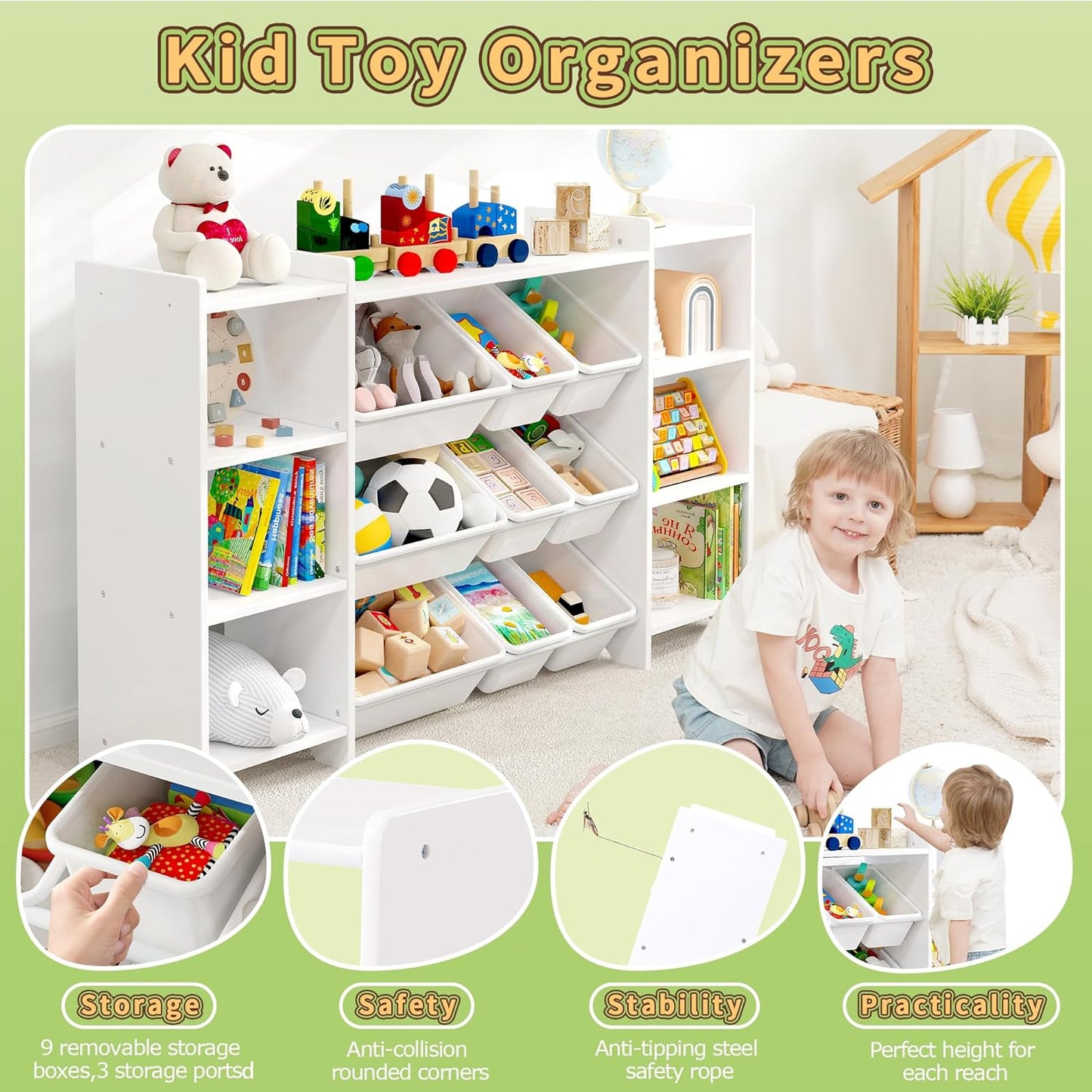 MallBest 4-Tier Kids' Toy Storage Organizer Shelf - 100% Solid Wood, Children's Organizer Cabinet with 9 Plastic Bins and 6 Storage Ports (White)