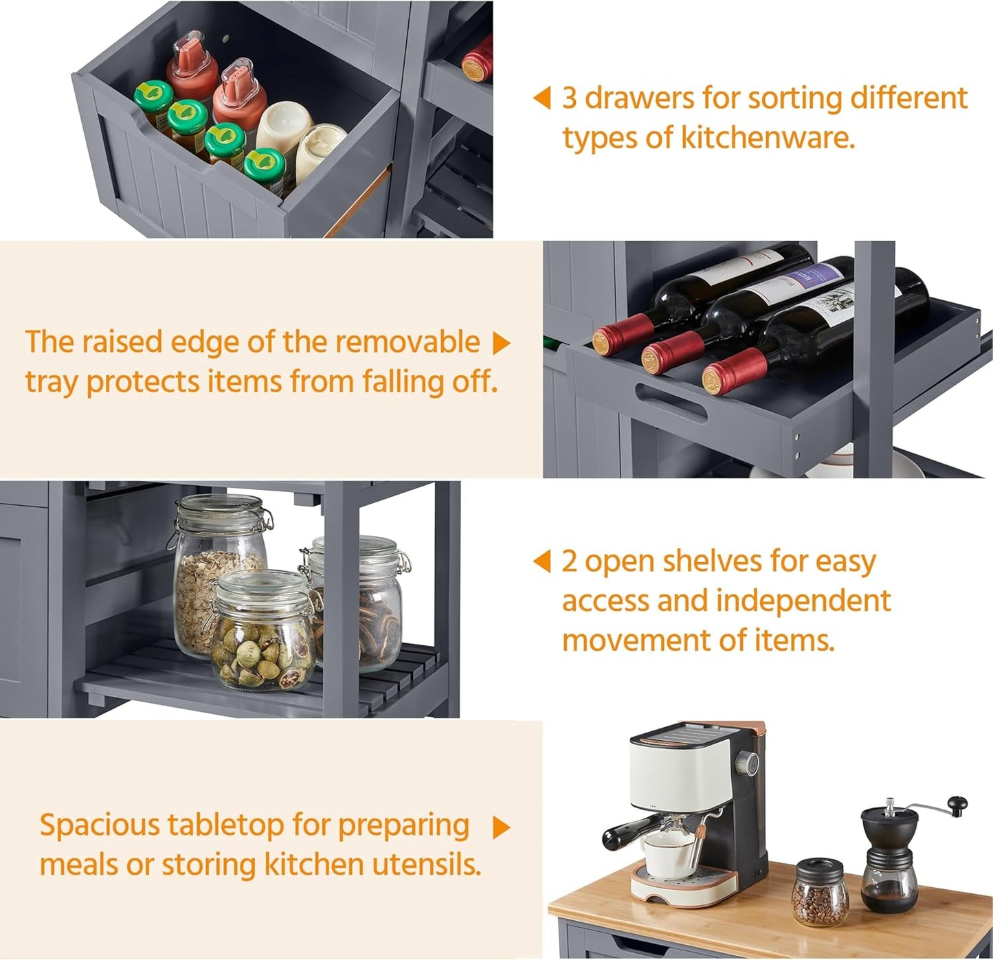 Yaheetech Kitchen Island Cart on Wheels with Storage, Rolling Bar Cart with Solid Wood Top and 3 Drawers, 3 Removable Shelves, Serving Utility Carts for Dining Room/Small Kitchen, Dark Gray