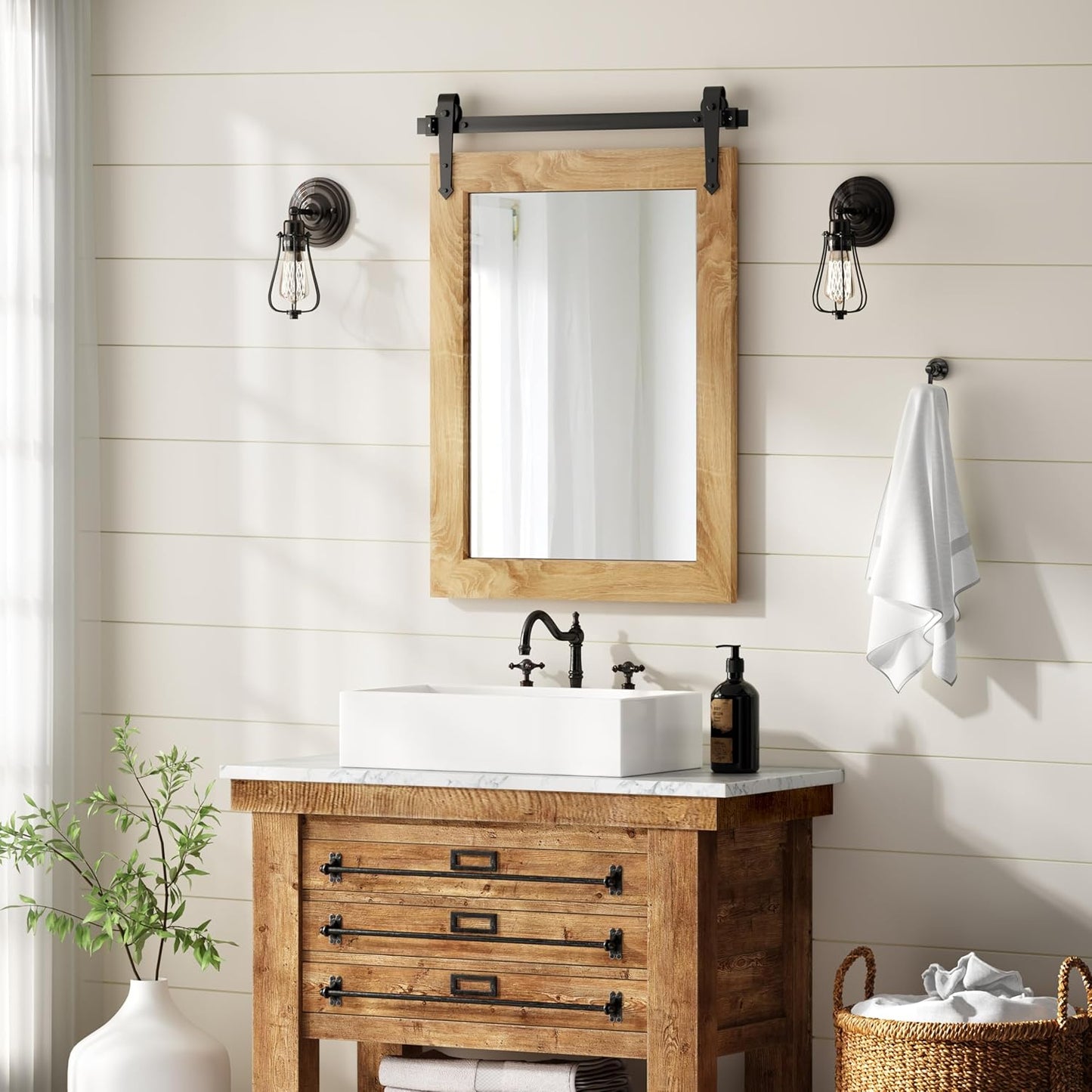 Farmhouse Bathroom Mirror 18" x 24" Rustic Wood Framed Wall Barn Door Mirror for Bathroom, Living Room, Bedroom Wall Decor (Brown)