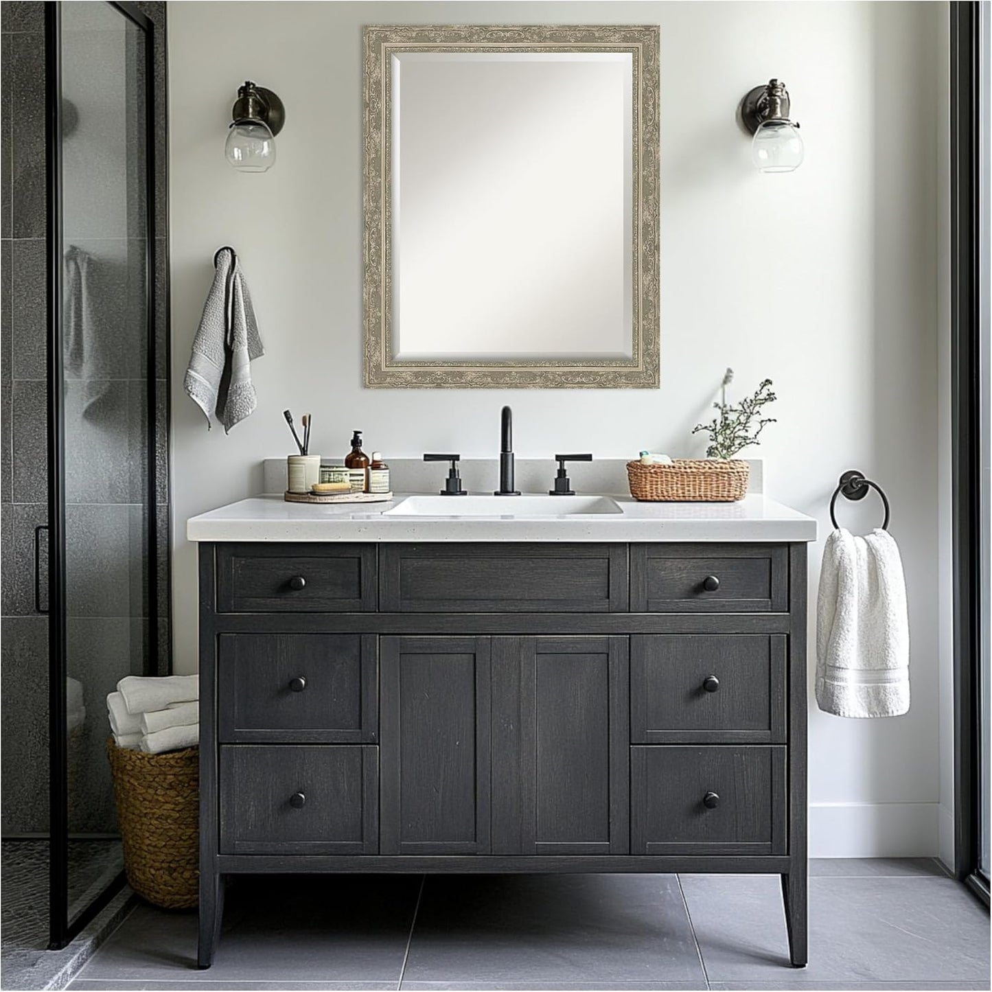 Amanti Art Bathroom Mirror for Over Sink, 27x33 Filigree Silver Rectangle Vanity Mirror, Large Traditional Frame, Hangs Horizonally and Vertically, Bathroom Wall Decor, Beveled Edge