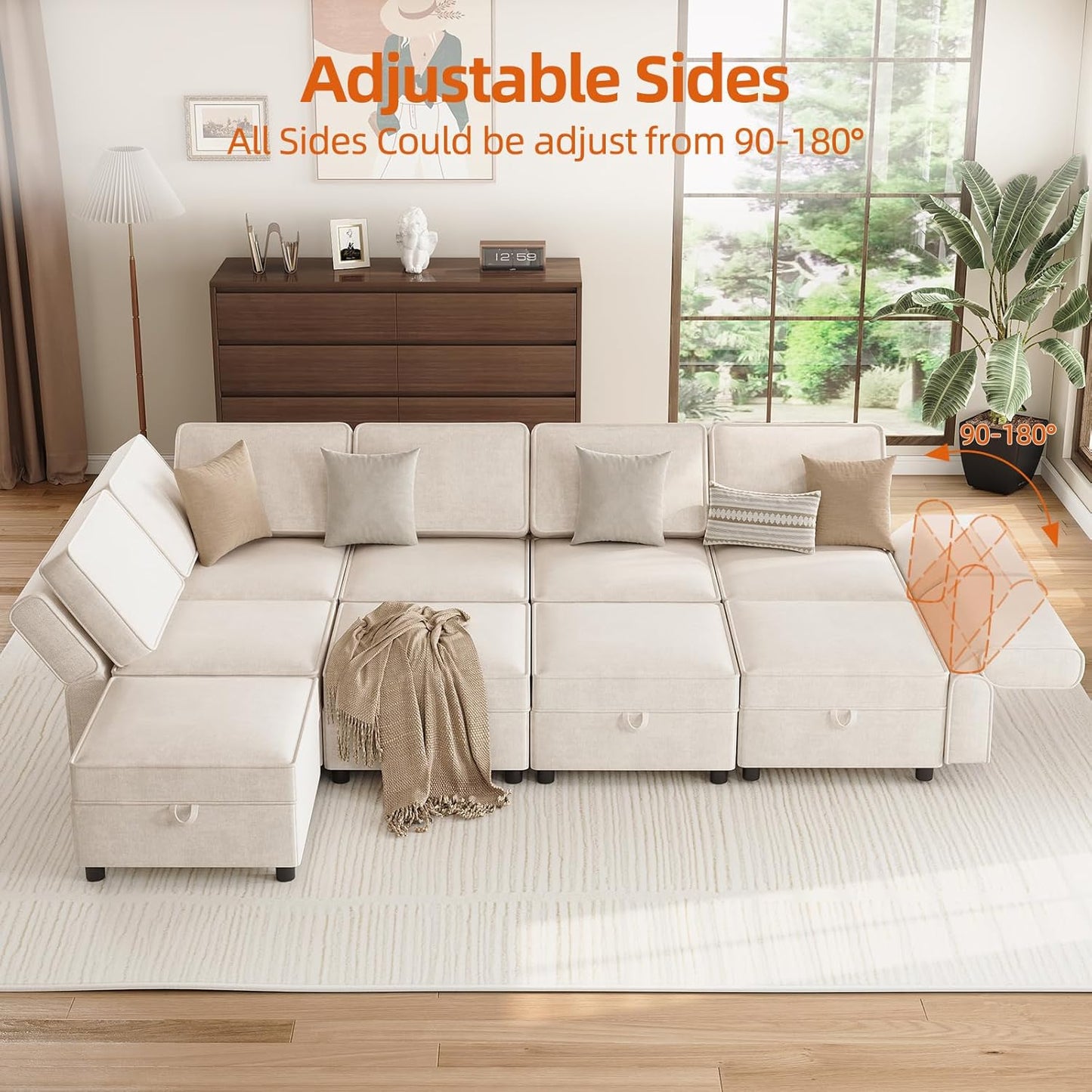 Modular Sectional 9-Seat Sofa, L Shaped Sectional Couch with Removable Storage Ottoman, Convertible Sleeper Sofa Suitable for Living Room, Bedroom, and Apartments, Beige