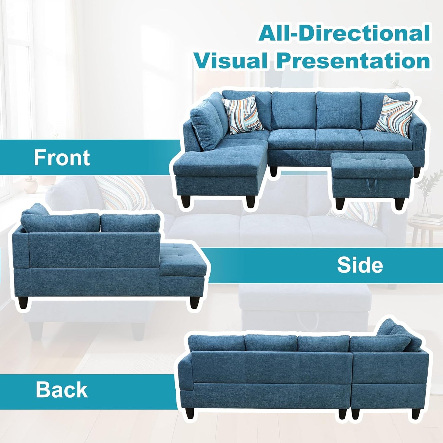 L Shaped Couch Modern Sectional Couch Upholstered Flannel Fabric 3 Pieces Sofas for Living Room with Chaise, Storage Ottoman for Office and Small Apartment, Blue