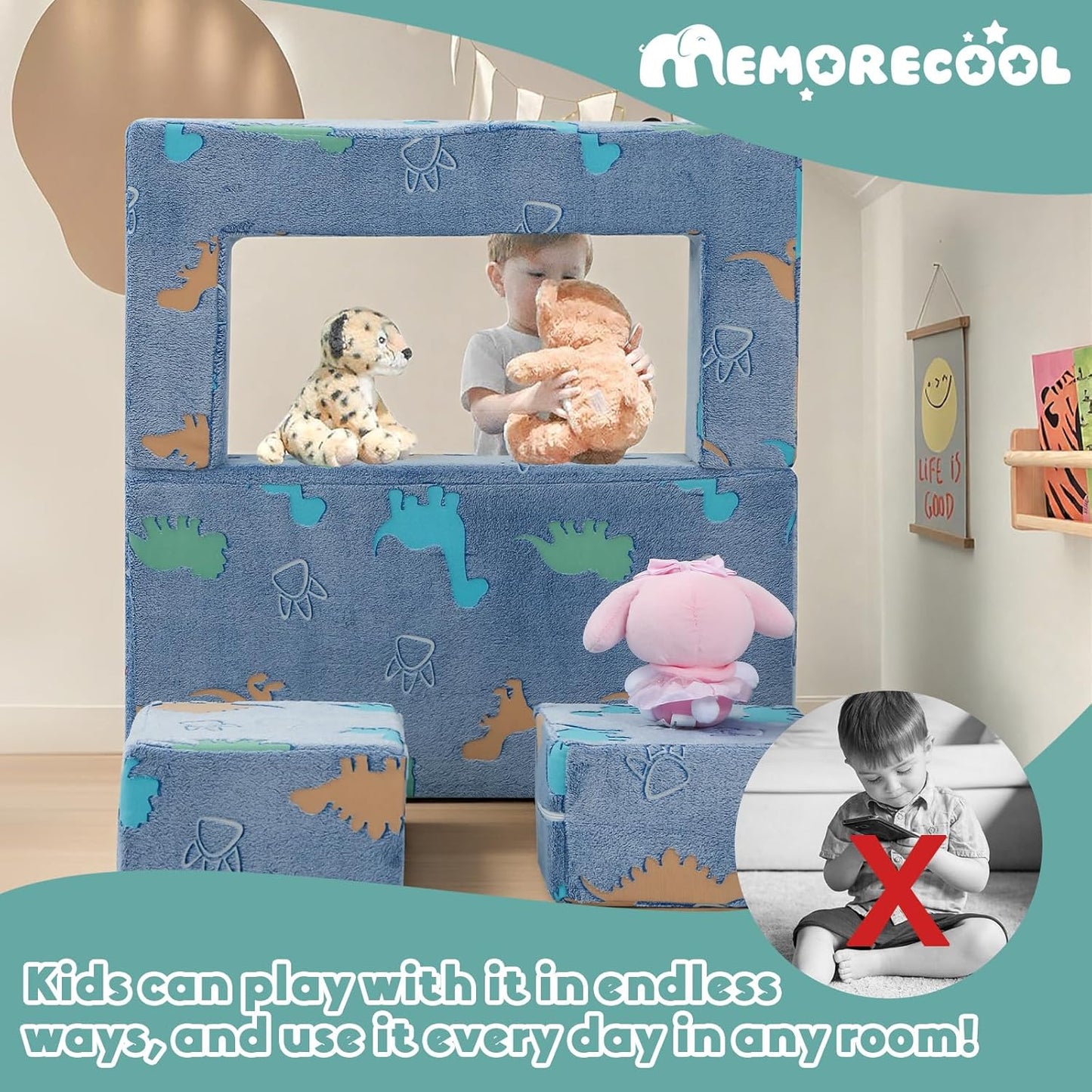 MeMoreCool Modular Kids Couch Dinosaur, Glow Dino Play Toddler Couch for Bedroom, Convertible Foam Kids Sofa Bed, Fold Out Baby Sofa for Girl Boy