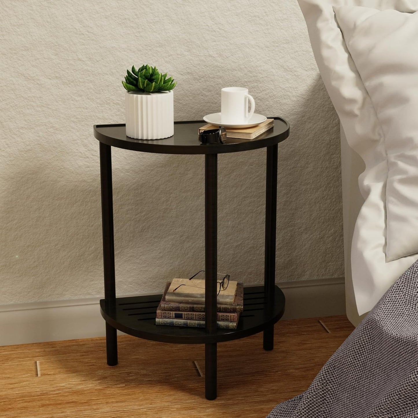 End Table, Half Moon Side Tables, Living Room Half Round 2 Tier Table for Small Space, Living Room Bedroom Couch Tables with Storage Shelf (Black)