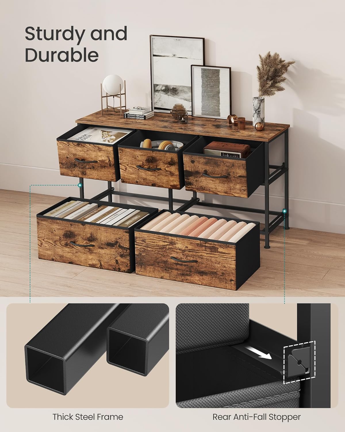 SONGMICS Dresser for Bedroom, Chest of Drawers, TV Stand, Steel, MDF, 5 Non-Woven Fabric Drawers, Storage Organizer Unit, Closet, Entryway, Rustic Brown and Ink Black ULGS322B02S