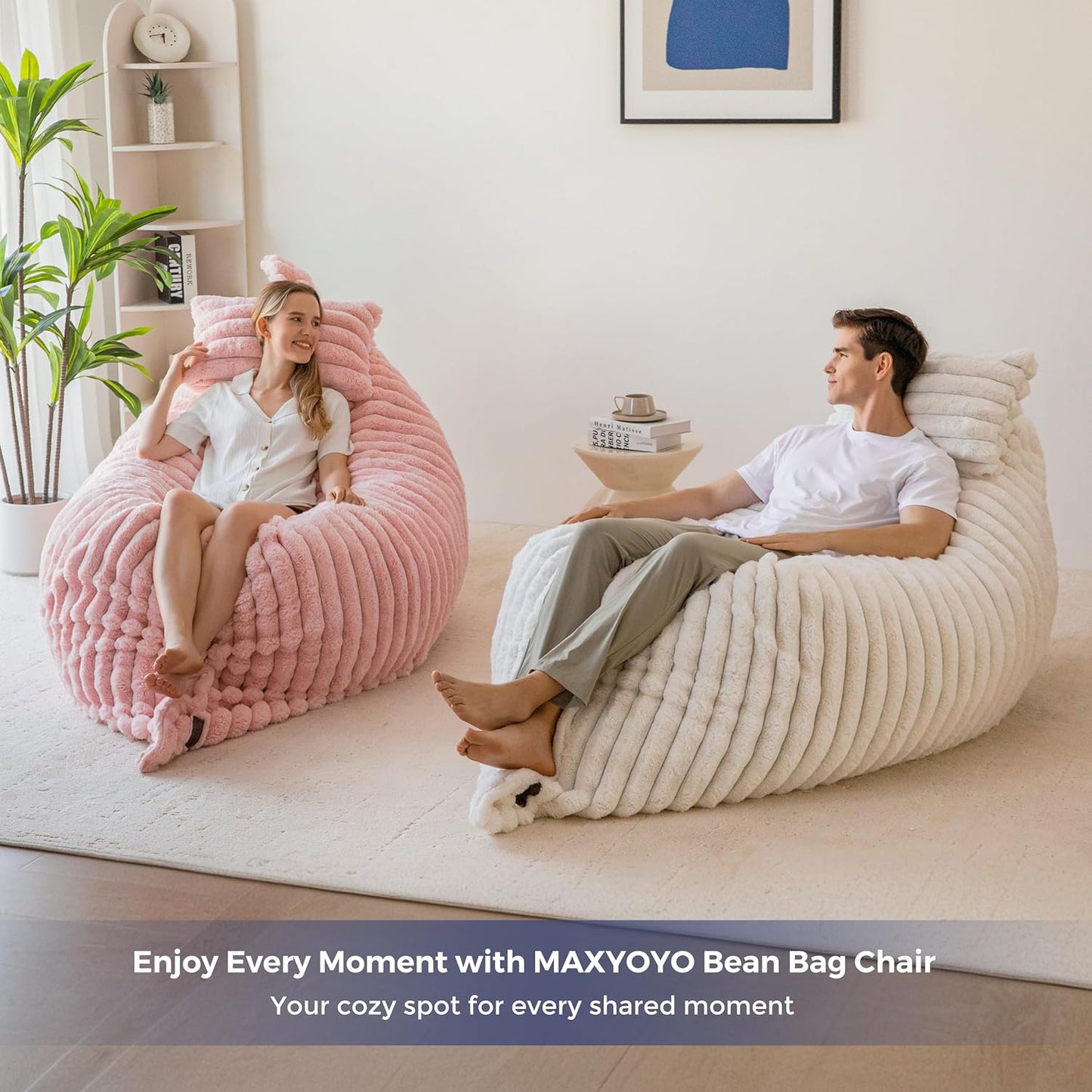 MAXYOYO Giant Bean Bag Chair with Pillow, 3 in 1 Convertible Bean Bag Chair for Adults with Washable Cover, Removable Floor Cushion Stuffed Floor Lounger for Living Room Bedroom, Pink