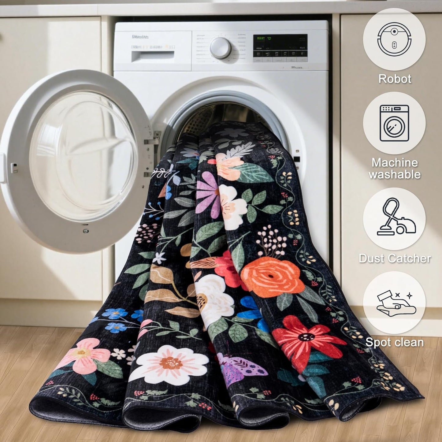 Entryway Rug 2X3 Small Rugs: Floral Washable Door Mat Vintage Soft Low Pile Non-Slip Kitchen Rugs Stain Resistant Indoor Throw Rug for Entrance, Bedroom, Kitchen, Laundry, Bathroom Black