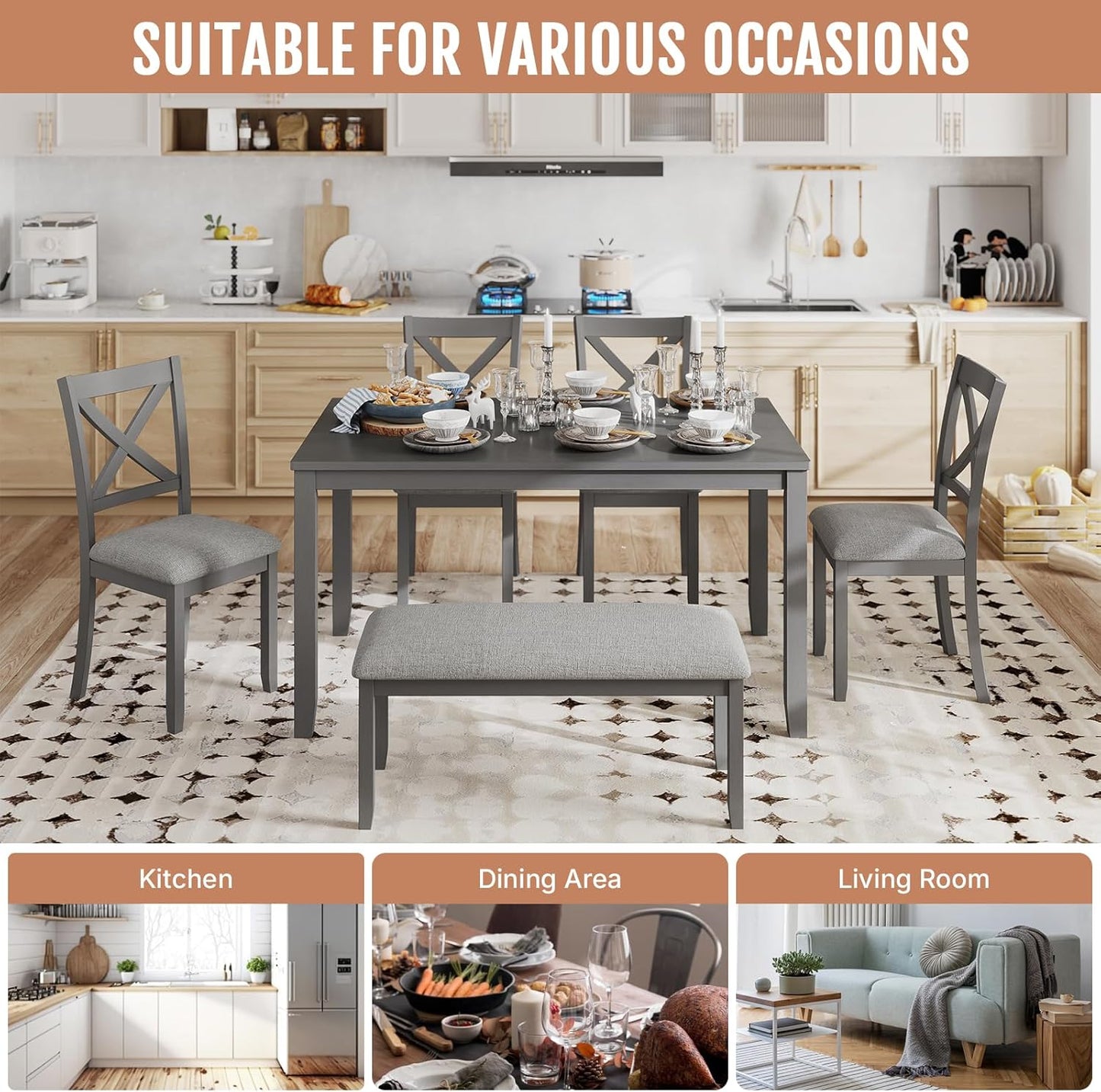 6-Piece Wooden Dining Table Set, Dining Table Set for 6, Including 1 Dining Table, 4 Upholstered Chairs and 1 Bench, Wooden Legs Dining Table, Table Set for Dining Room, Grey