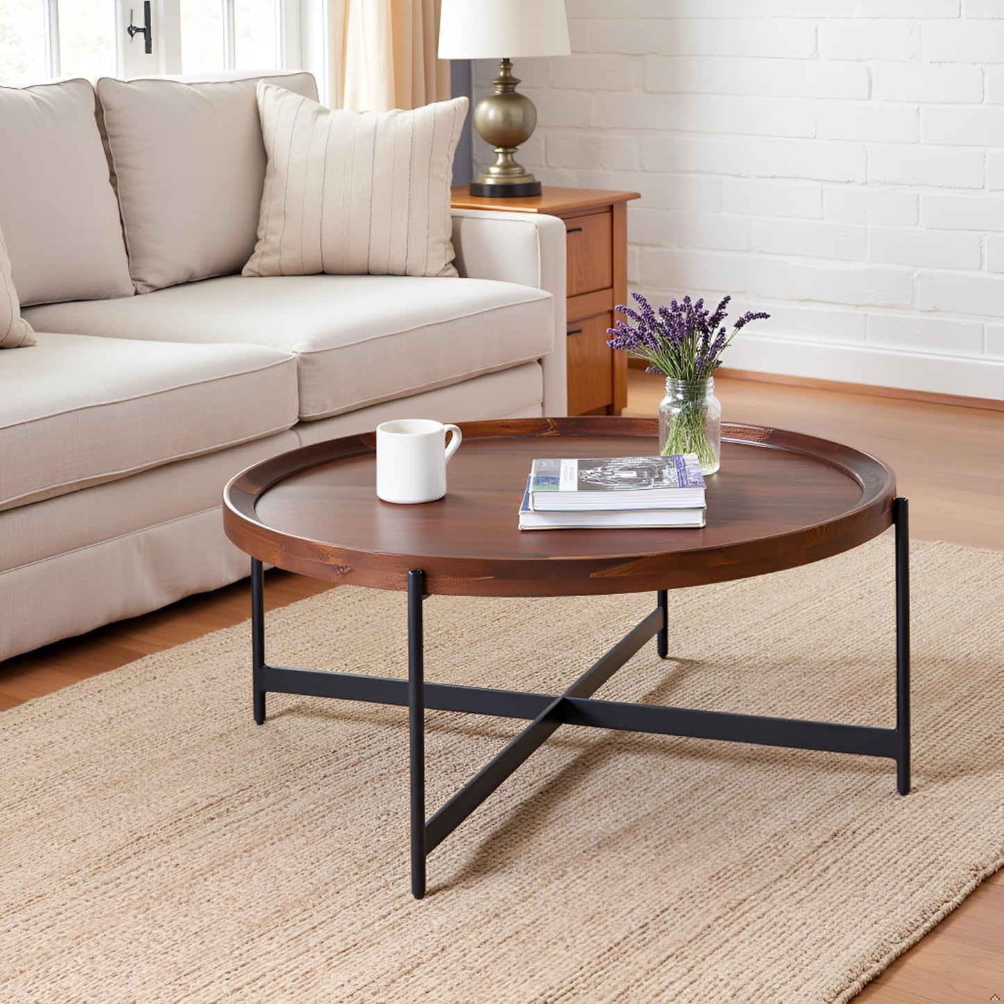 Brookline Solid Acacia Wood 42-Inch Round Coffee Table with Black Powder-Coated Metal Legs – Rustic Industrial Modern Farmhouse Living Room Furniture by Alaterre