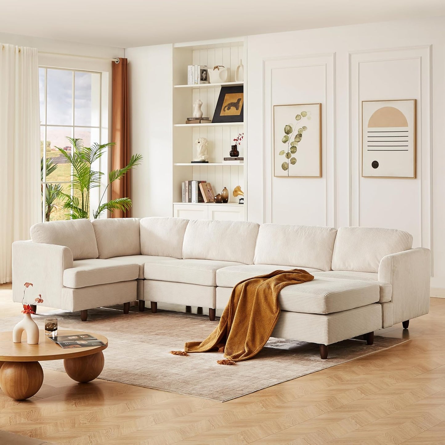 127.5" L/U-Shaped Sectional Couch with Movable Ottoman & 6 Removable Back Cushion, Corduroy Fabric Upholstered 6 Seat Modular Sleeper Sofa,DIY Free Combination Couches for Living Room,Beige