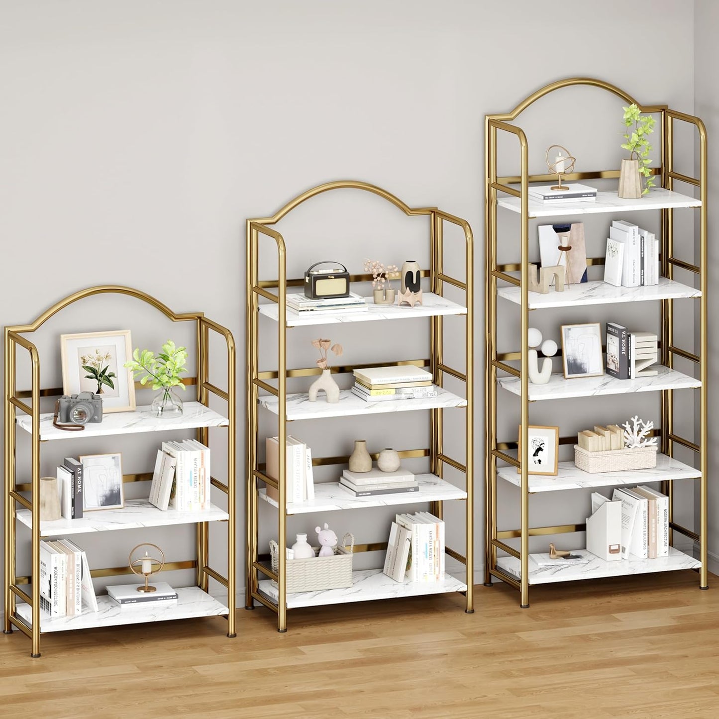 No-Assembly Gold Folding Bookshelf Storage Shelves 4 Tiers Vintage Multifunctional Plant Flower Stand Storage Rack Shelves Bookcase for Home Office
