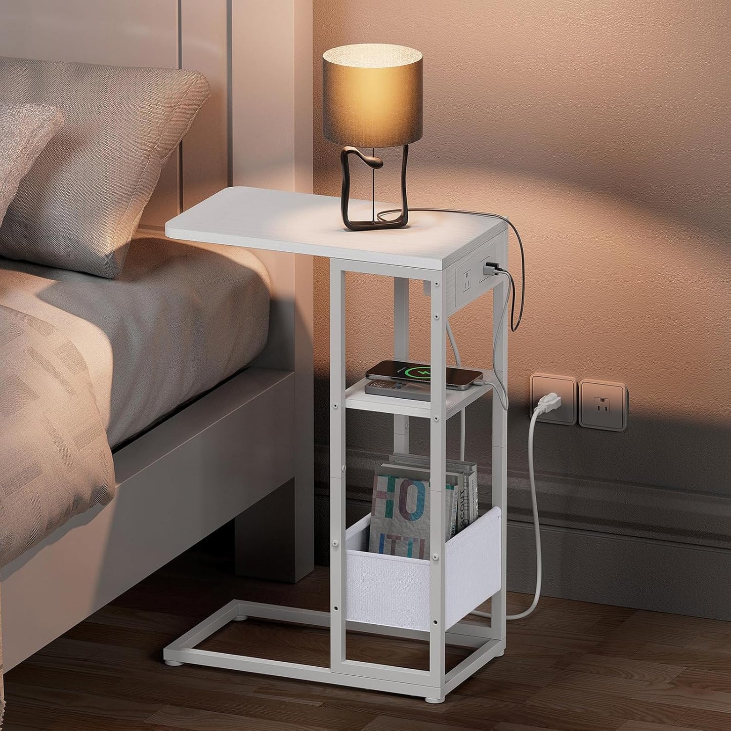 C Shaped End Table with Charging Station, Small Side Table for Couch Recliner, Slide Under Sofa Desk Snack Tables with Storage Bag & AC / USB Outlet, Small Spaces Drink Tables for Living Room, Bedroom