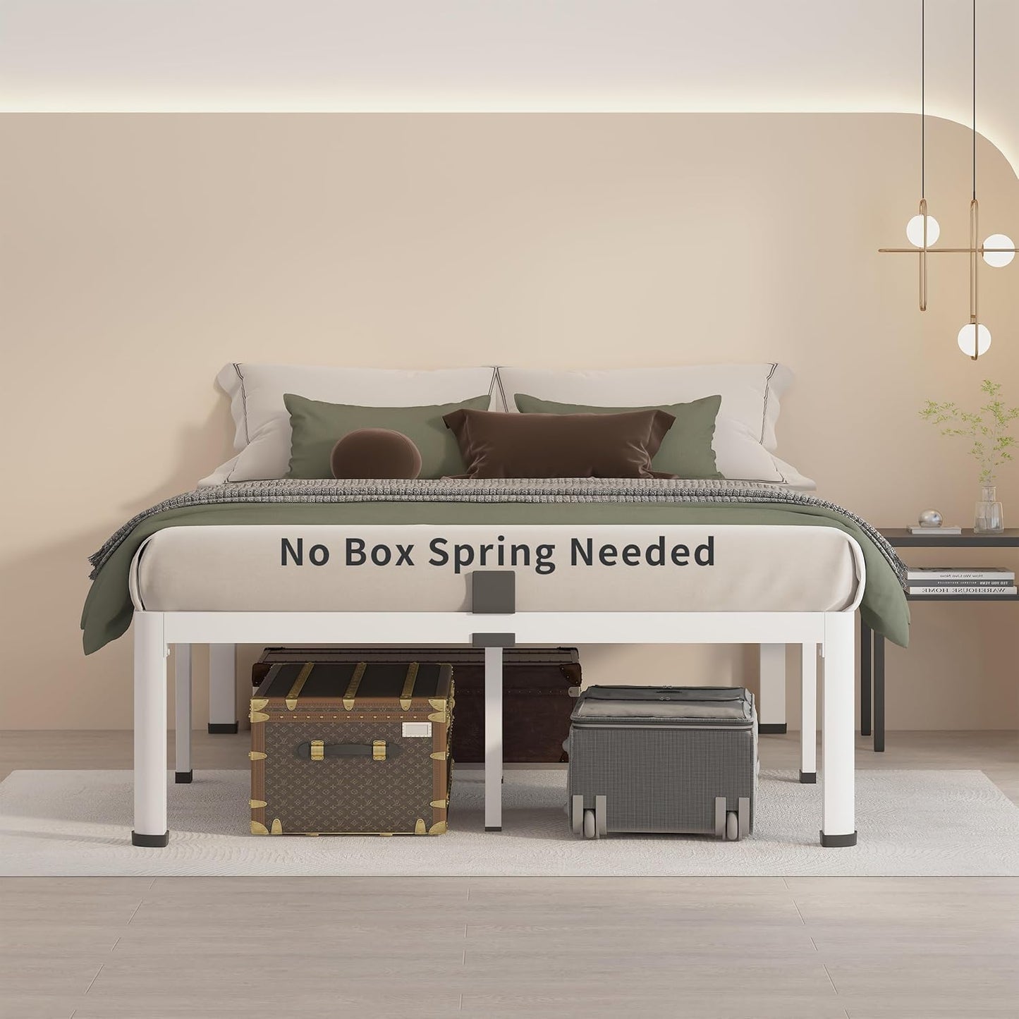 MAF 18 Inch Full Size Bed Frame White with Round Corner Legs Mattress Slide Stopper No Box Spring Needed Heavy Duty Metal Platform Bed Frames Under-Bed Storage Space, 3000 LBS Steel Slats Support