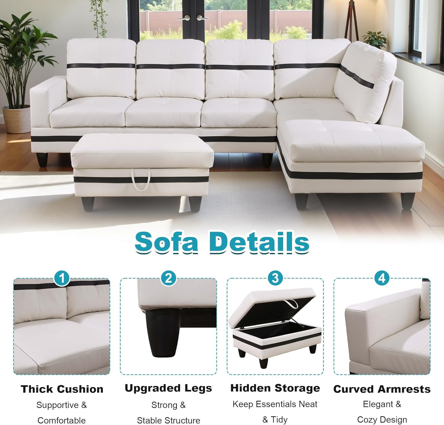103.5" Oversized Sectional Couch, L Shaped Couch with Storage Ottoman, Modern Modular Sofa with Deep Seat, Sectional Couches for Living Room and Office, White and Black (PU Leather)