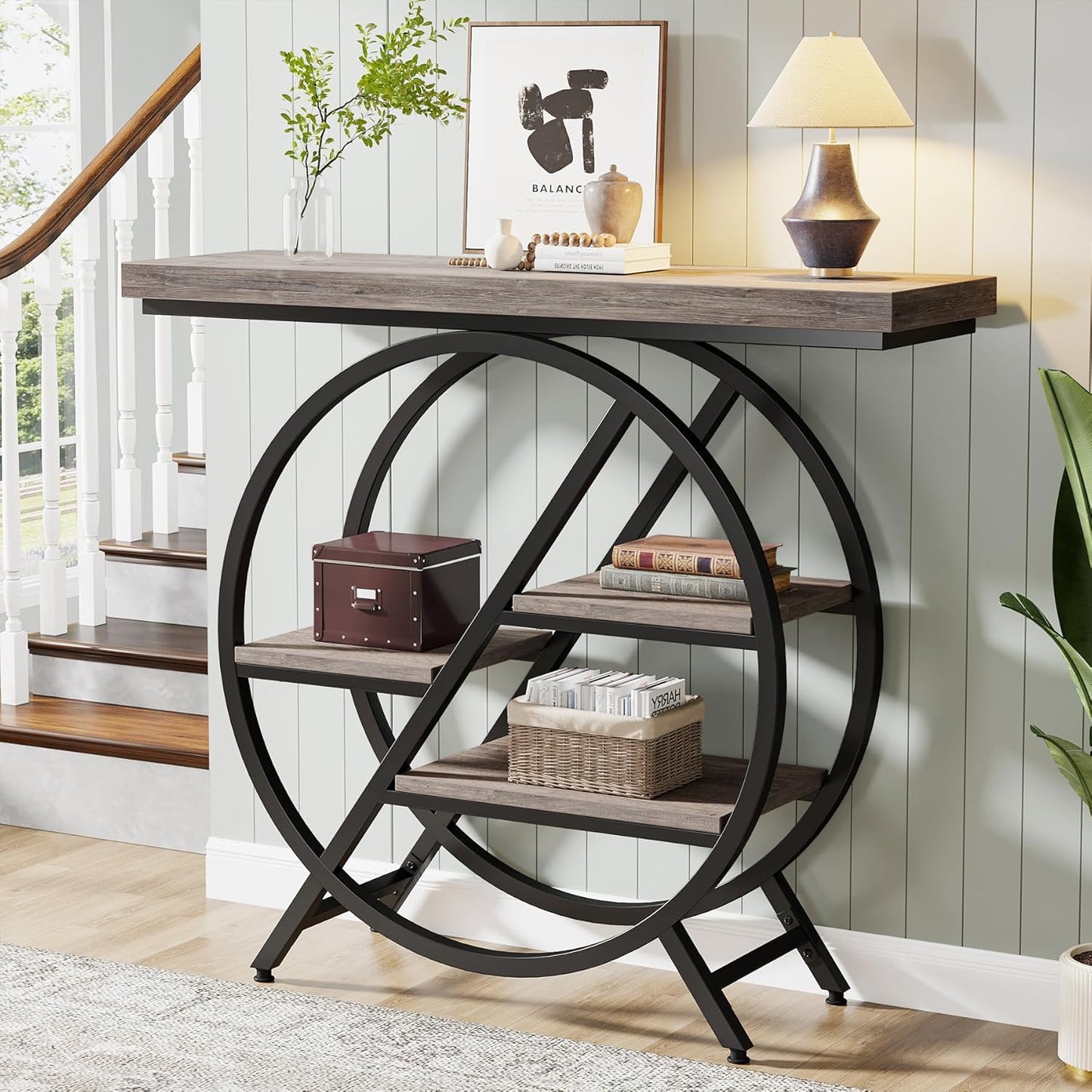 Tribesigns 40-Inch Console Table, 4-Tier Entryway Table with Storage Shelves, Industrial Hallway Sofa Table with Geometric Metal Frame, Accent Table for Living Room, Entryway (Gray)