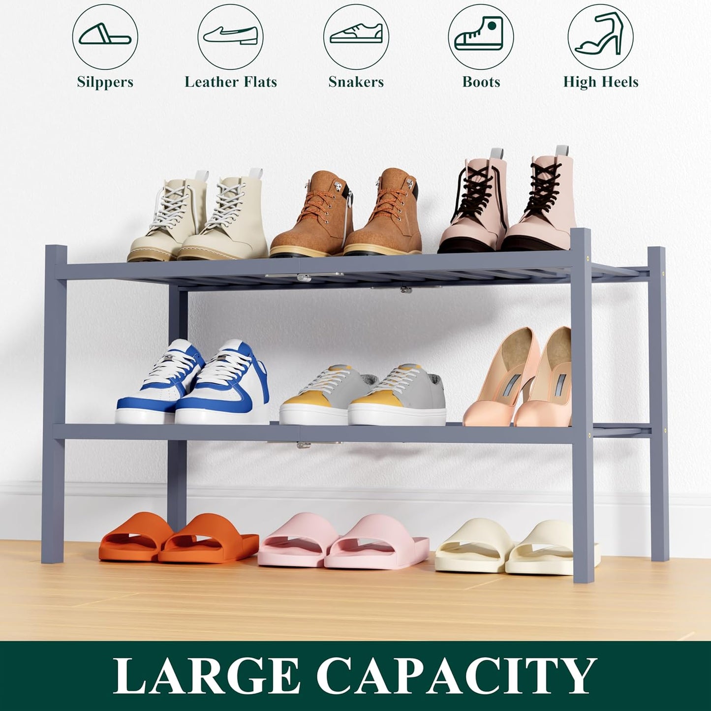 Smiry Shoe Rack, 2 Tier Thick Bamboo Shoe Organizer, Stackable Free Standing Wooden Shoe Storage Shelf for Closet, Entryway, Front Door Entrance, Grey