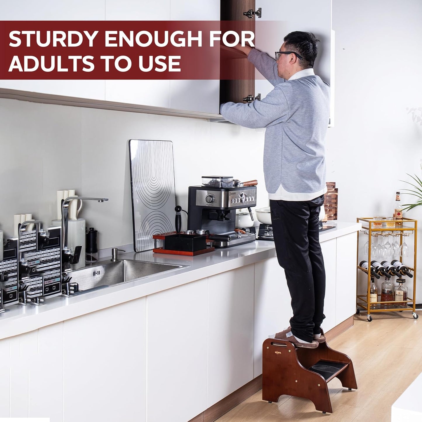 2-Step Wooden Step Stool for Adults & Kids – Non-Slip Bed, Bathroom, Kitchen, and Closet Use – Heavy-Duty Portable Step with Handles – 400 lb Capacity