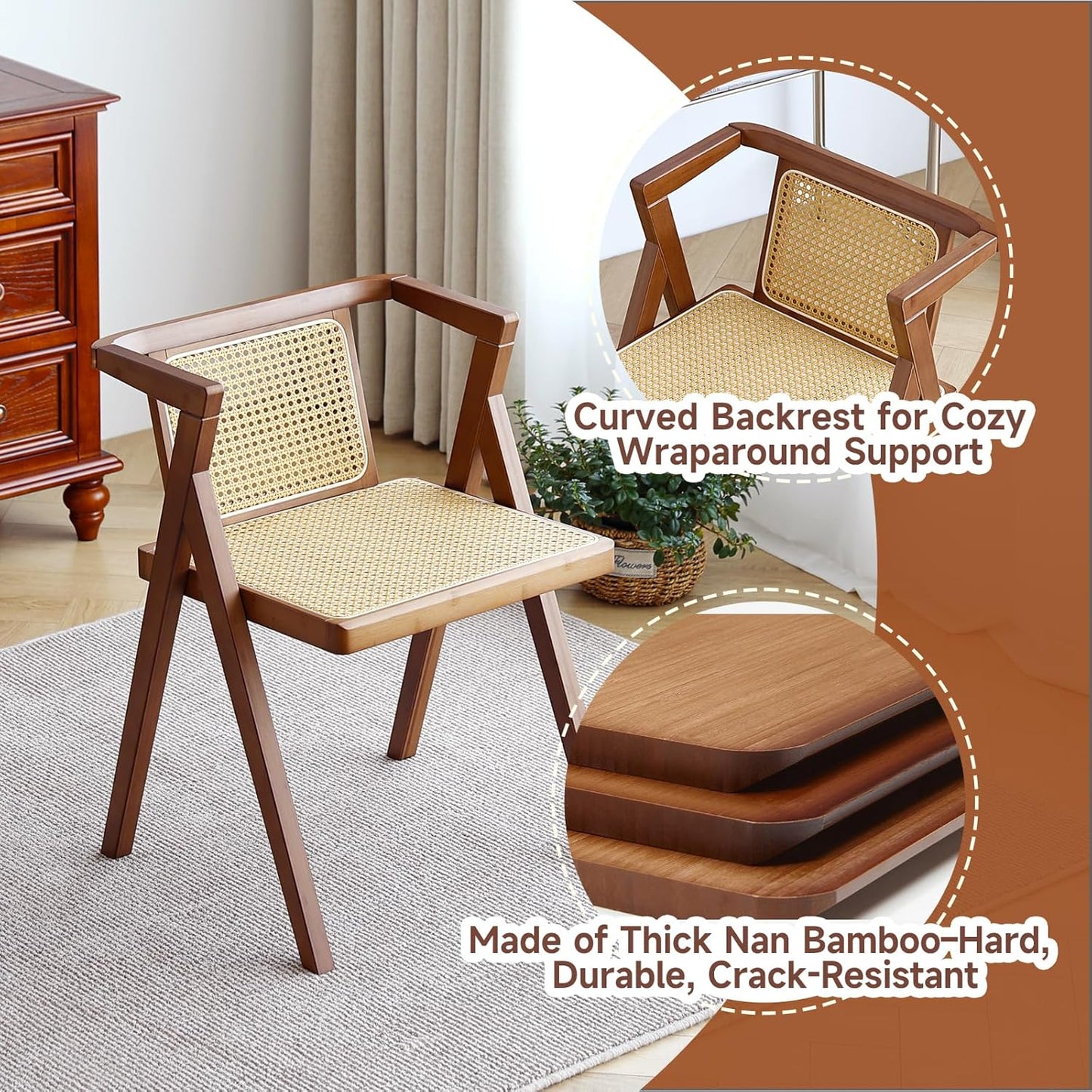 Rattan Dining Chairs Set of 2, Mid-Century Accent Armchair, Wicker Chair, Outdoor Bamboo Chair for Dining Room, Living Room, Bedroom, Kitchen, Walnut