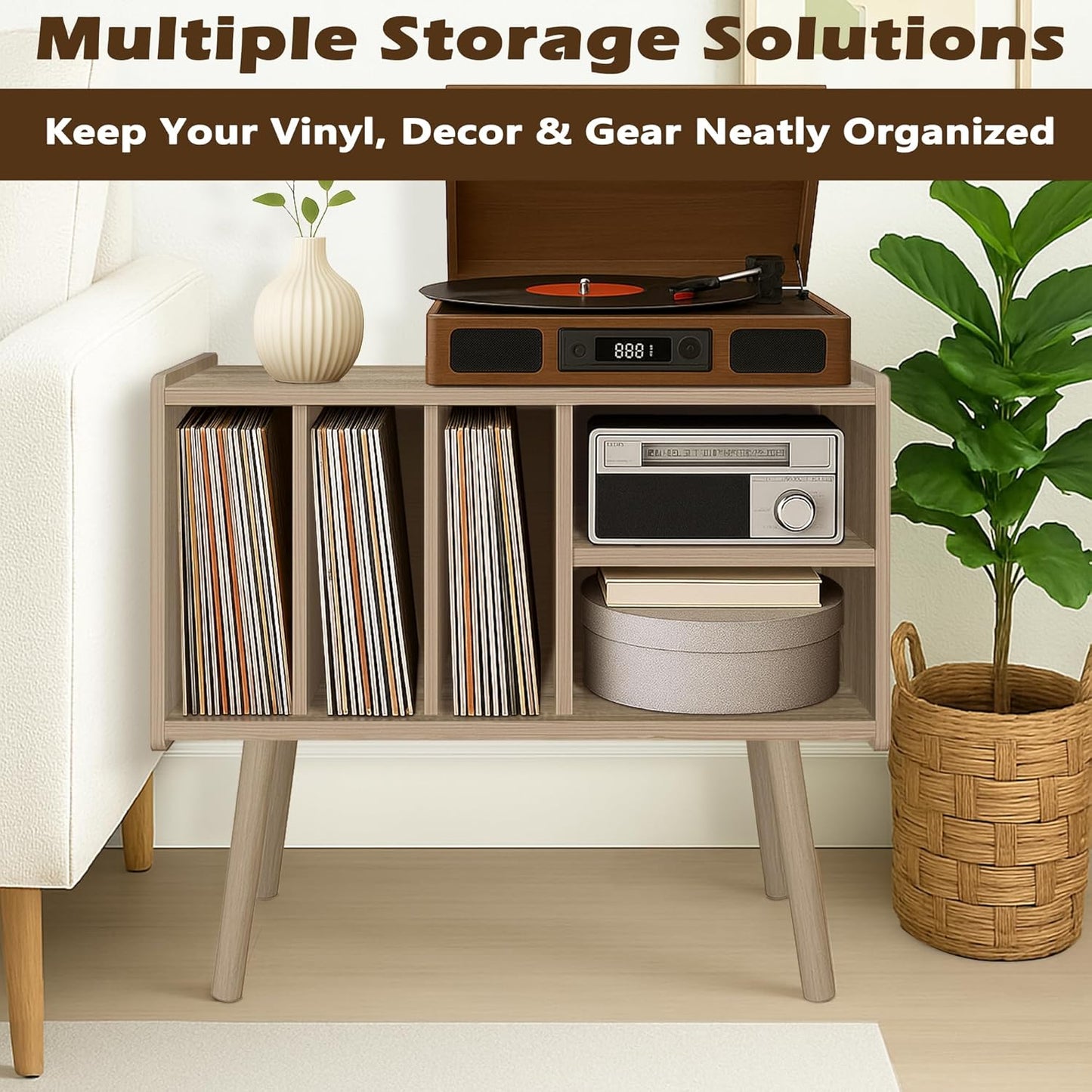 Record Player Stand with Vinyl Storage, Wooden Record Player Table with 5 Cabinet, Large Vinyl Record Player Stand, Record Player Holder, Record Player Shelf for Office Living Room, White Oak