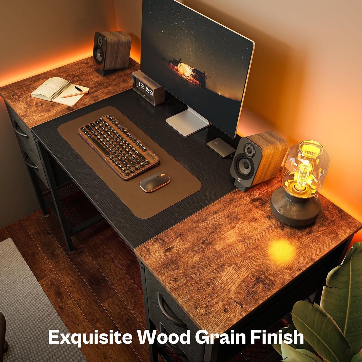 Huuger 47 Inch Computer Desk with 4 Drawers, Office Desk with Mesh Shelf, Gaming Desk, Large Storage, Writing Work Desk for Home Office, Study, Bedroom, Work from Home, Rustic Brown and Black