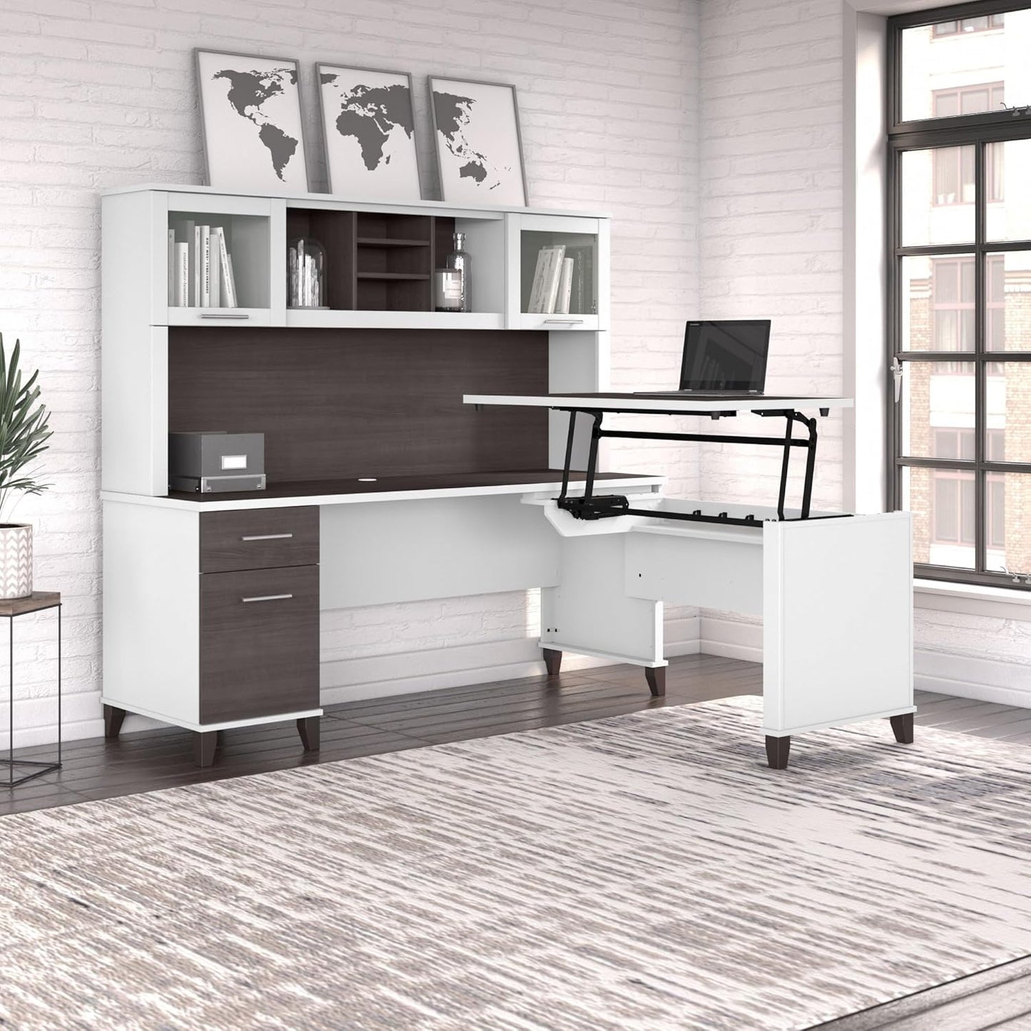 Bush Furniture Somerset 72W 3 Position Sit to Stand L Shaped Desk with Hutch in White and Storm Gray