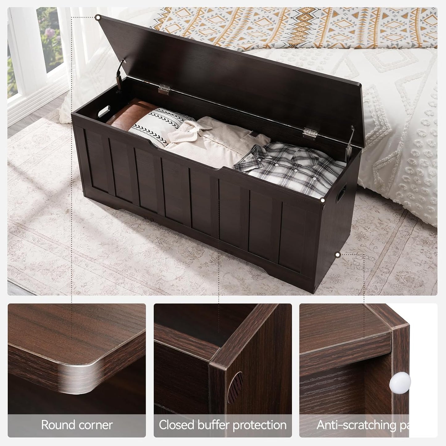 47.2" Storage Chest Extra Large,Storage Trunk with 2 Safety Hinges,Wooden Storage Bench,Shoe Bench,47.2x15.7x19.1 Inch,Easy Assembly,Storage Bench for Bedroom,Living Room,entryway(Espresso).