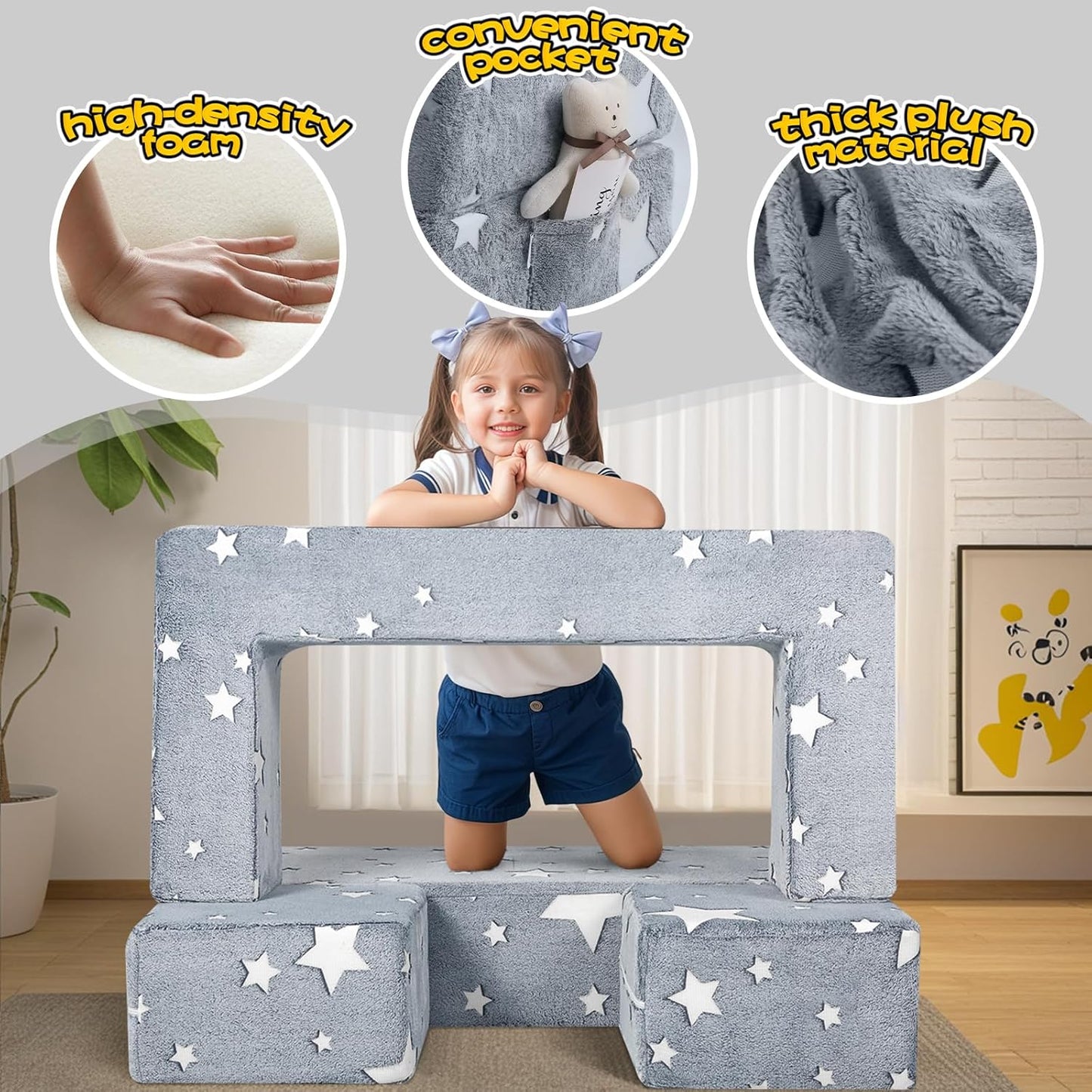 MeMoreCool Modular Kids Play Couch Sofa – Glow in The Dark Star Design, Fold-Out Toddler Couch for Playroom Furniture, Grey