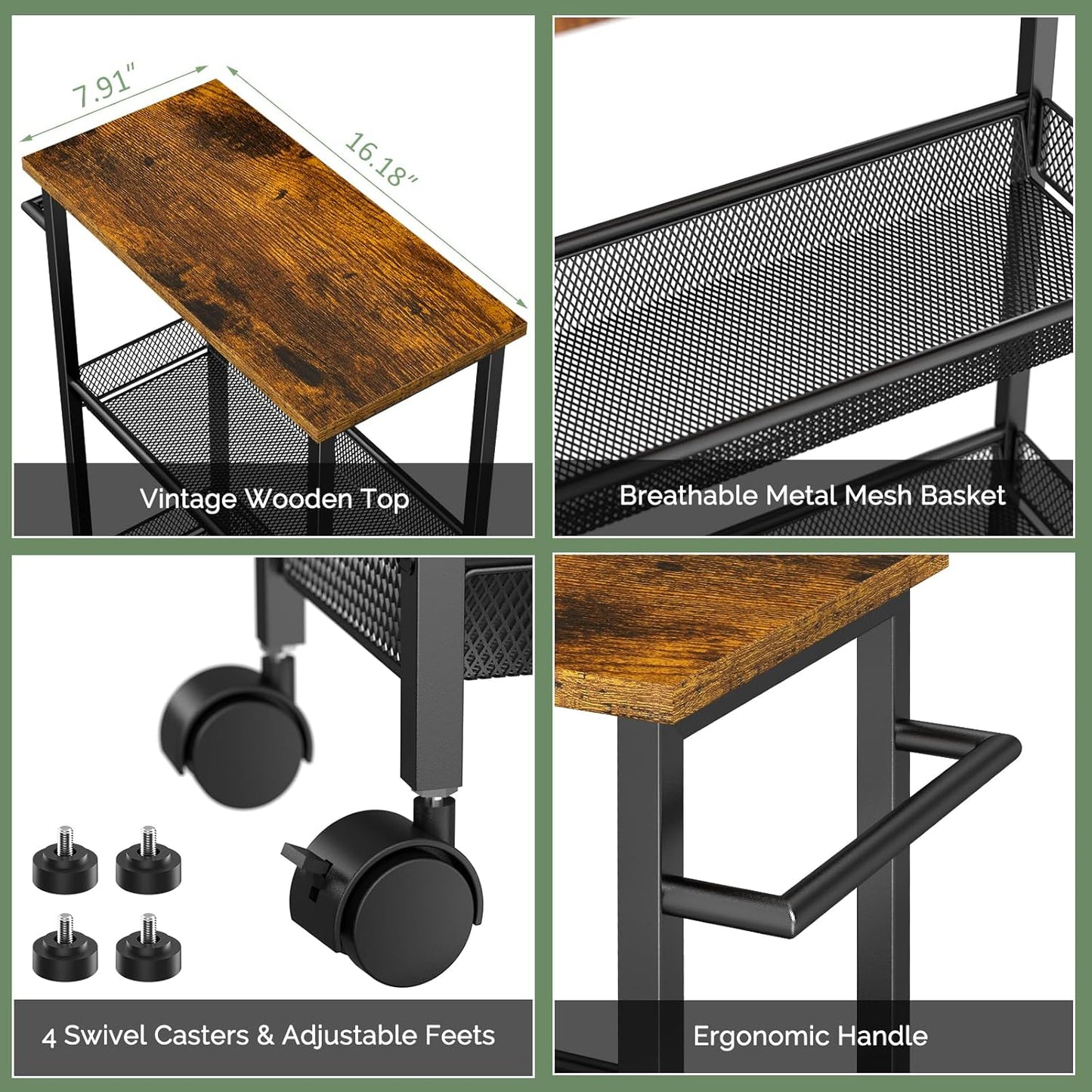 6 Tier Slim Storage Cart with Handle, Rolling Kitchen Laundry Room Storage Cart with Wooden Top, Narrow Metal Bathroom Trolley on Wheels for Small Space, Mobile Shelving Unit, 7.9in(W)