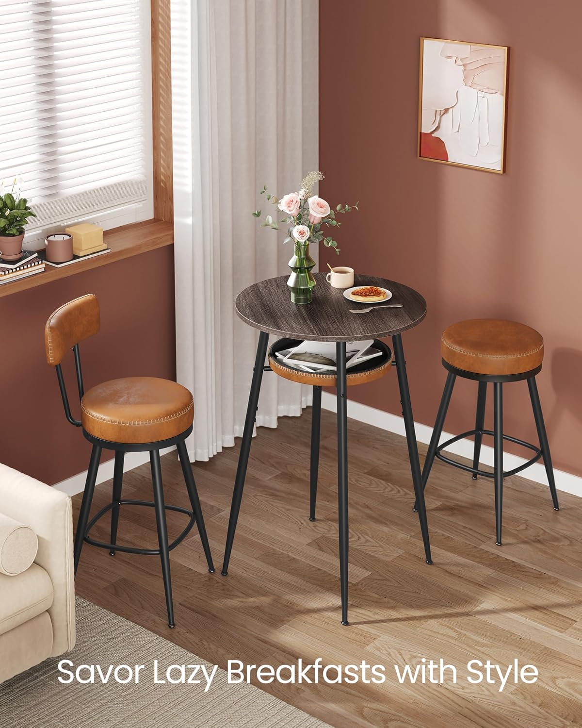 VASAGLE EKHO Collection - Bar Table with Storage, Round High Pub Table, Synthetic Leather with Stitching, Mid-Century Modern, Kitchen Home Bar, Living Room, Easy Assembly, Ash Brown and Caramel Brown