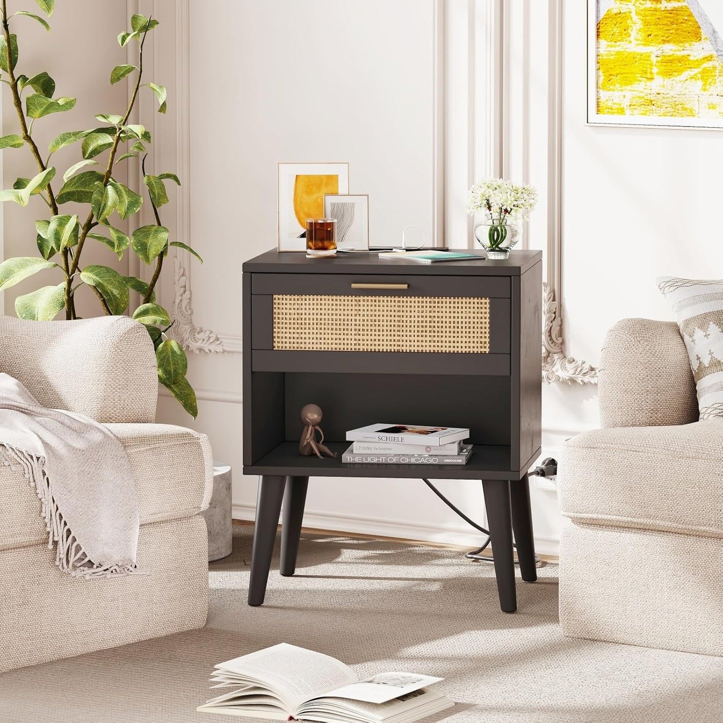 Irontar Nightstand Set of 2, Bedroom Night Stand with Charging Station & Rattan Drawer, Boho Style Bed Side Tables with Solid Legs, Accent End Table with Open Storage, Black and Natural BZZ007BME02