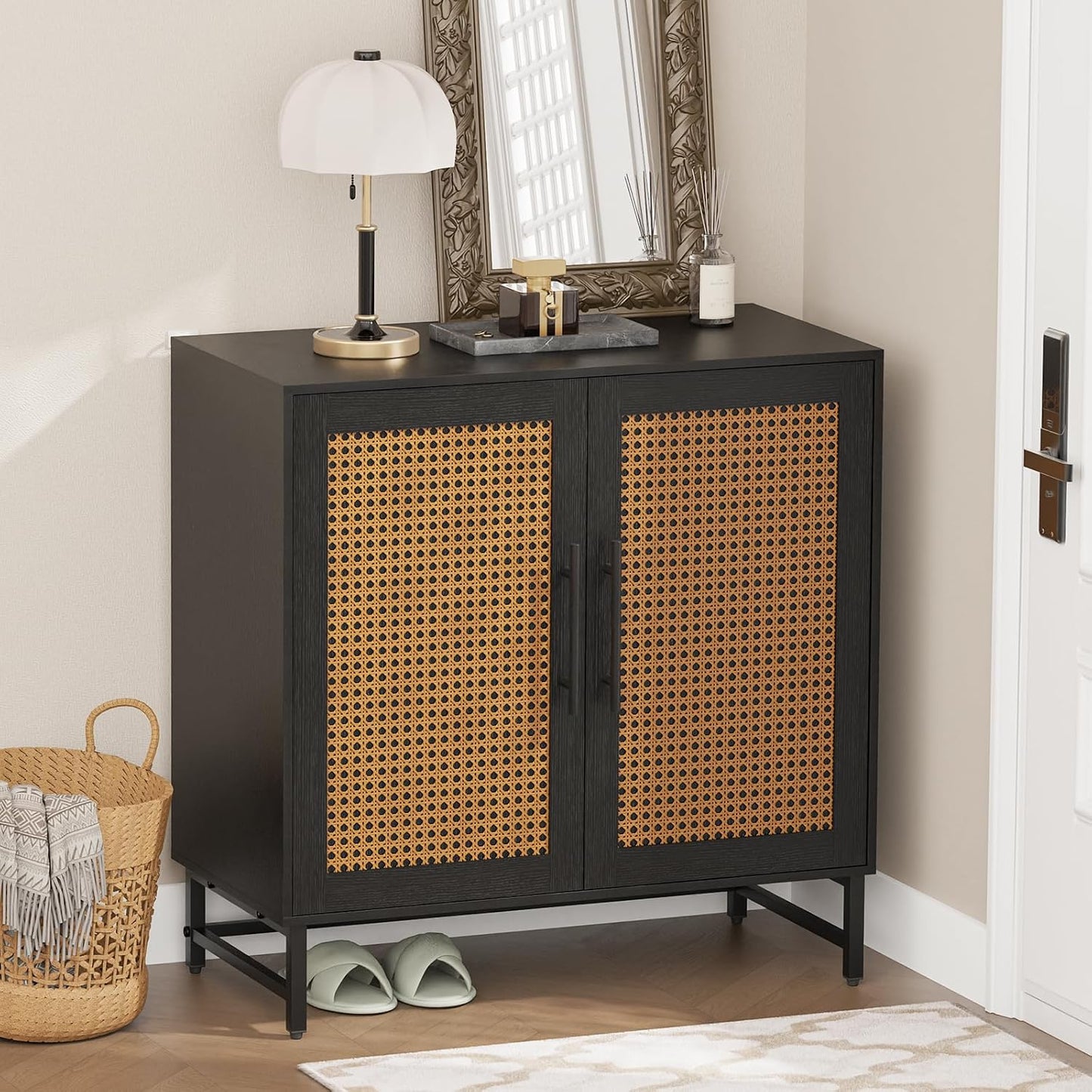 KFO Storage Cabinet with Rattan Doors, Free Standing Buffet Cabinet, Modern Sideboard for Living Room, Hallyway, Entryway