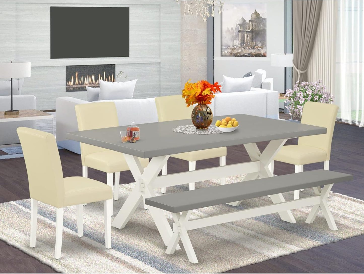 East West Furniture X097AB264-6 6 Piece Modern Dining Table Set Contains a Rectangle Wooden Table with X-Legs and 4 White Faux Leather Parson Chairs with a Bench, 40x72 Inch, Multi-Color